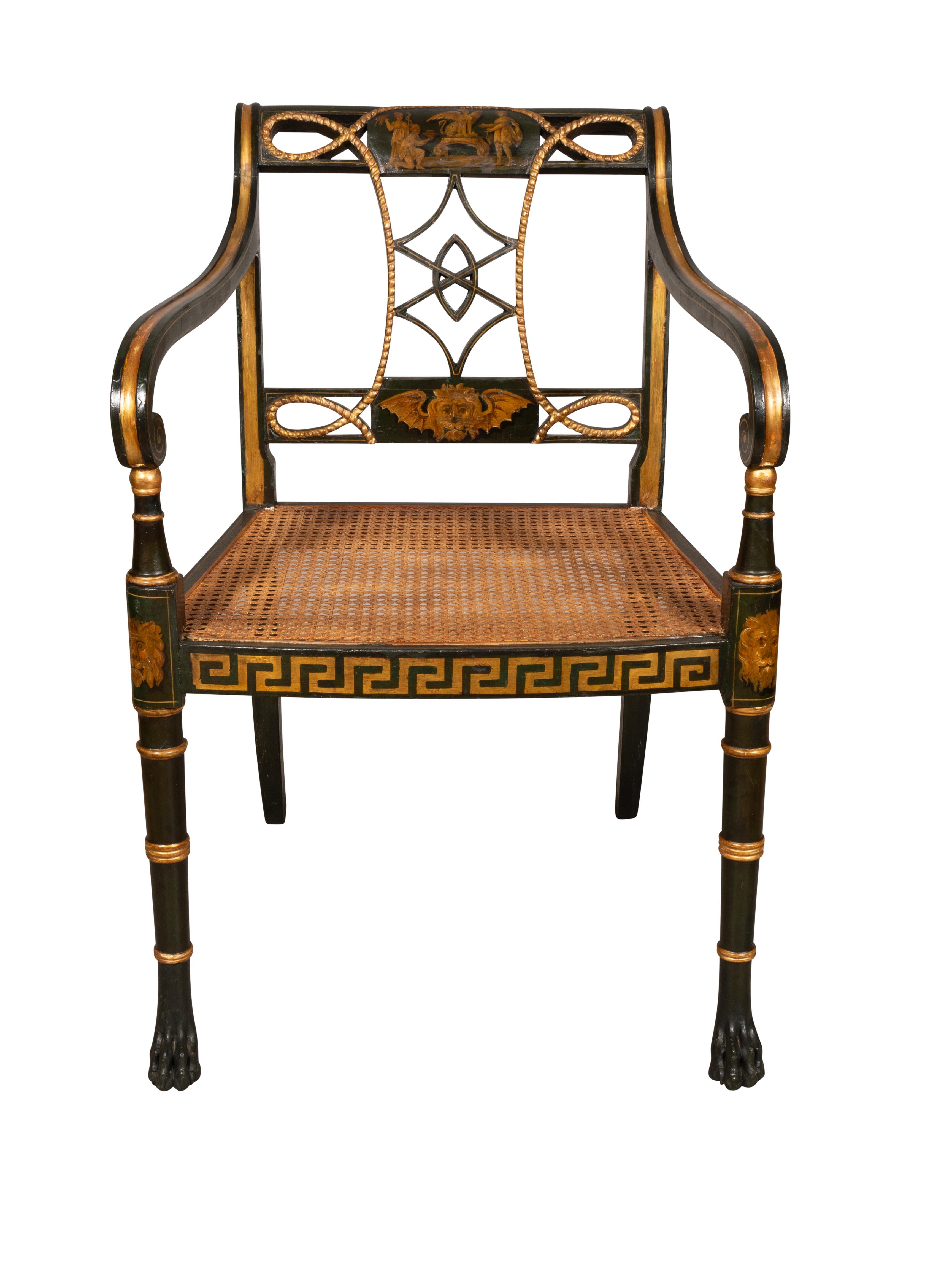 Hand-Painted Set Of Six Regency Ebonized And Painted Armchairs