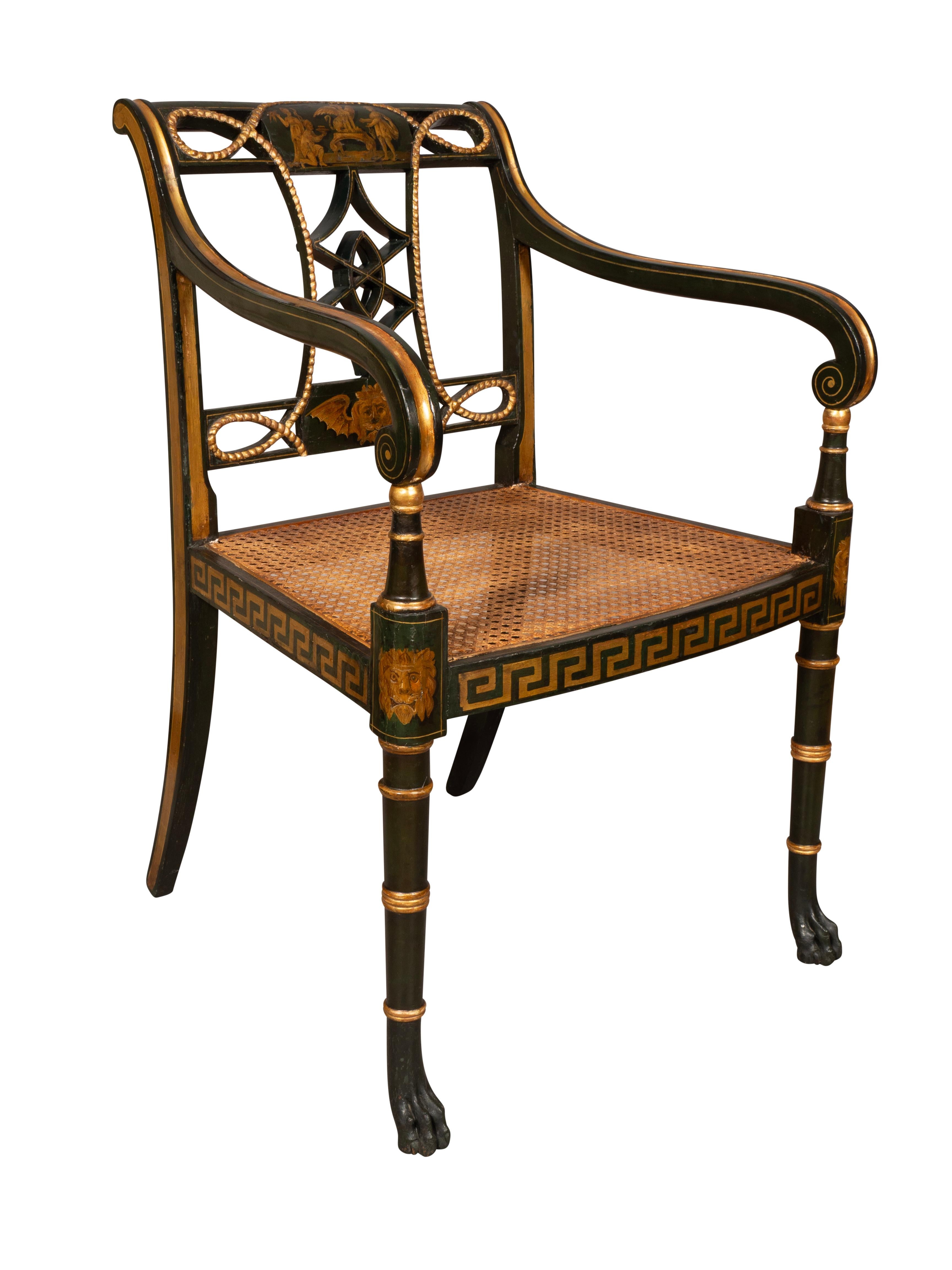 Set Of Six Regency Ebonized And Painted Armchairs In Good Condition In Essex, MA