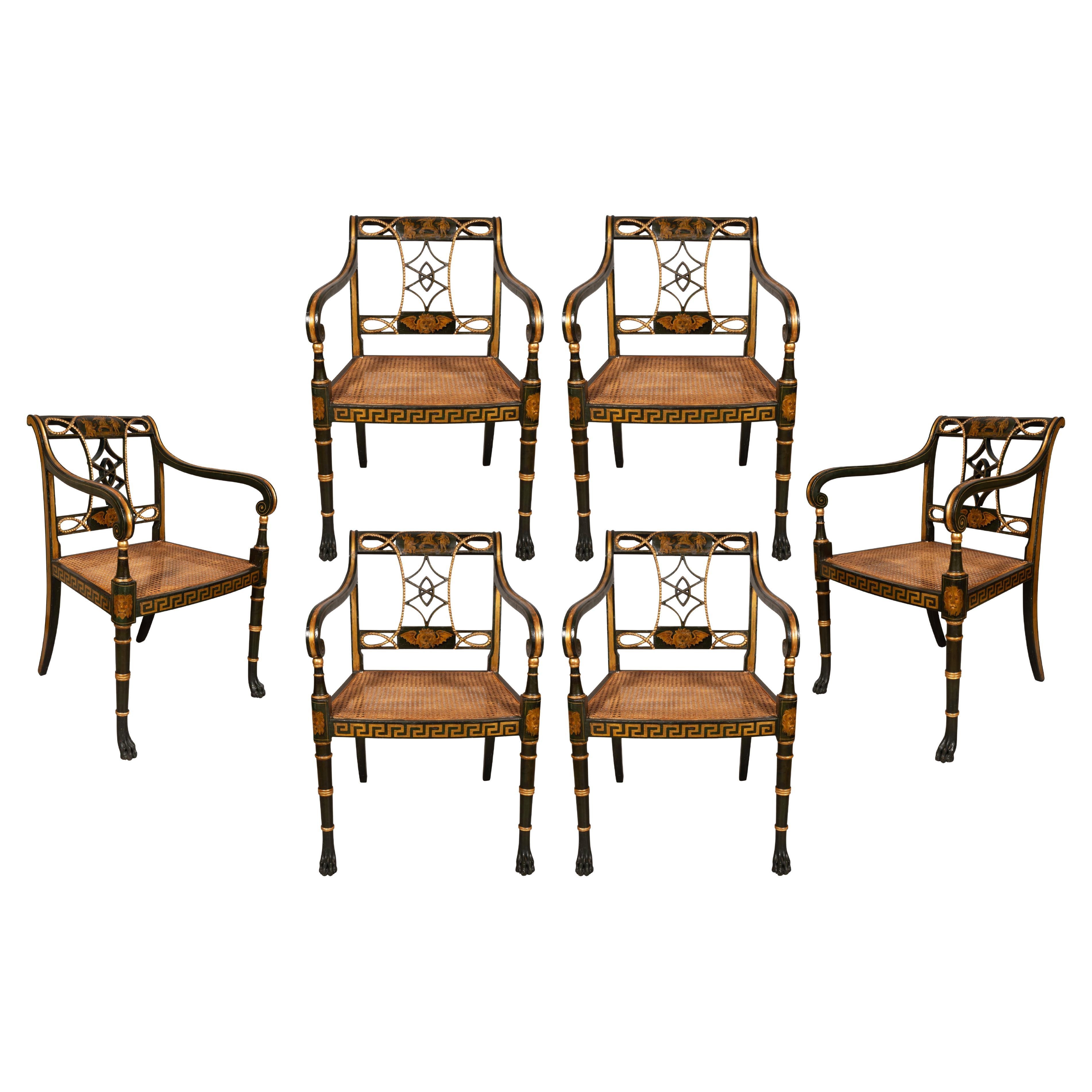 Set Of Six Regency Ebonized And Painted Armchairs