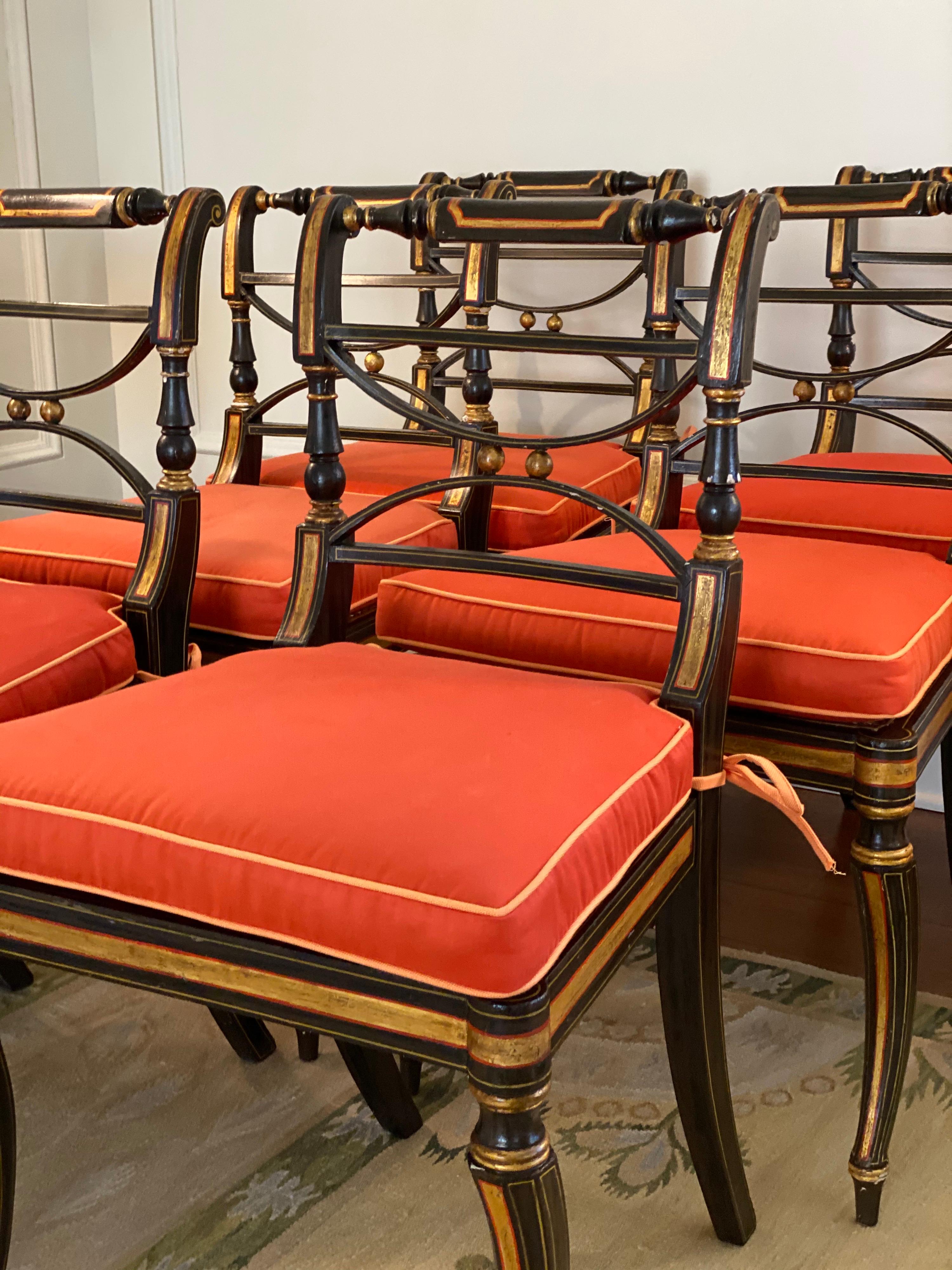 English Set of Six Regency Parcel-Gilt Rosewood-Grained Caned Side Chairs, circa 1810 For Sale