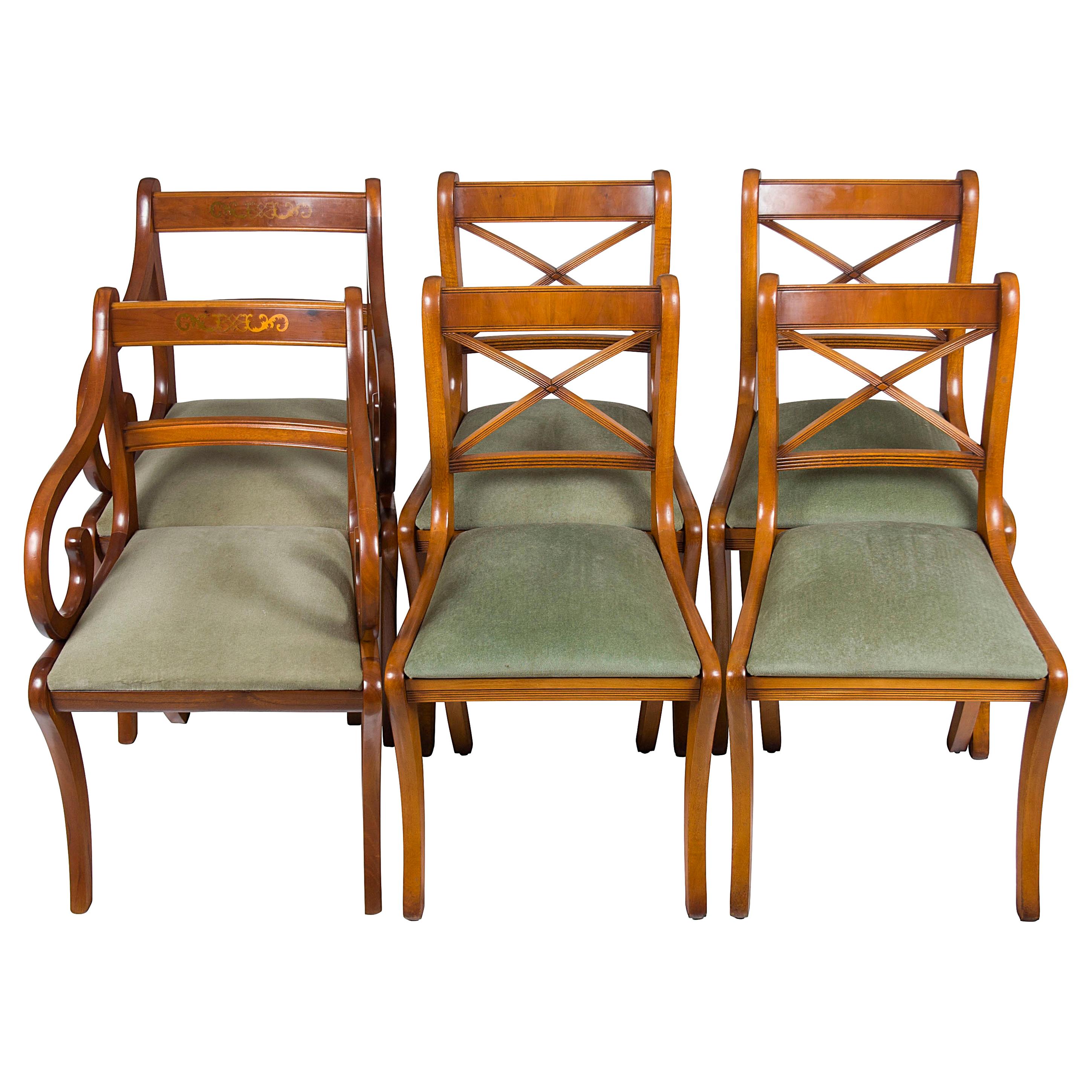 Set of Six Regency Style Yew Wood Dining Room Chairs For Sale