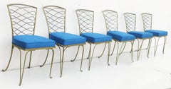 Set of Six Rene Prou Art Deco Wrought Iron Dining Room Chairs Blue Fabric Seats