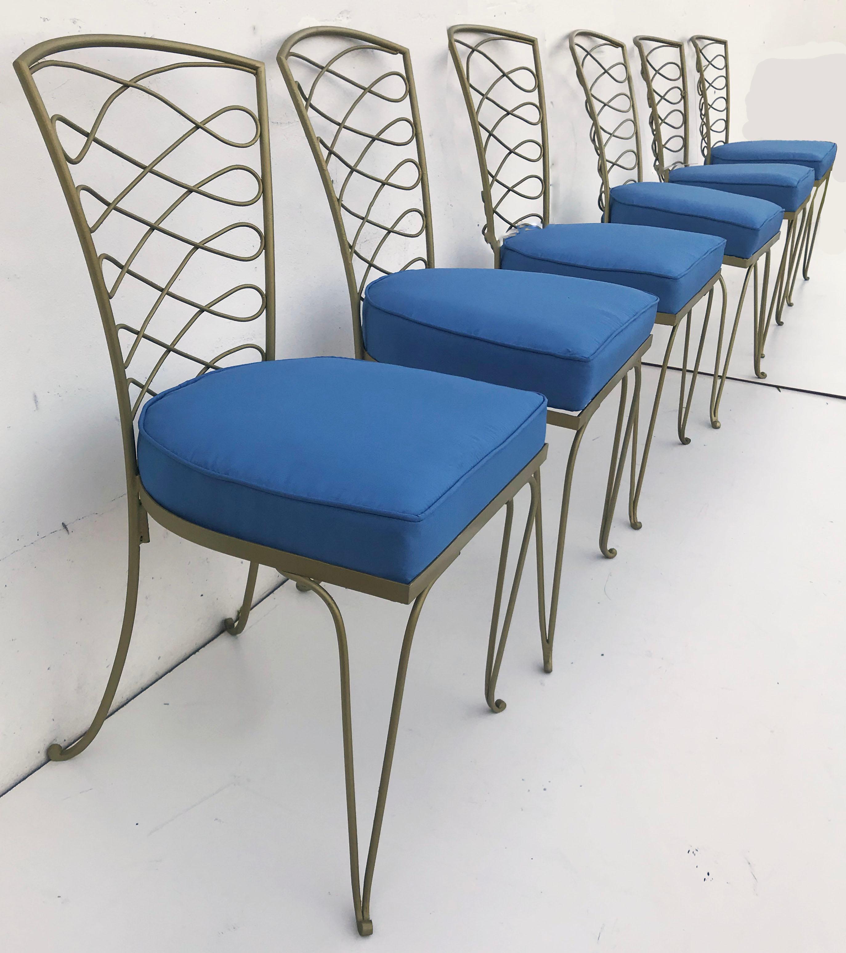 French Set of Six Rene Prou Art Deco Wrought Iron Dining Room Chairs Blue Fabric Seats For Sale