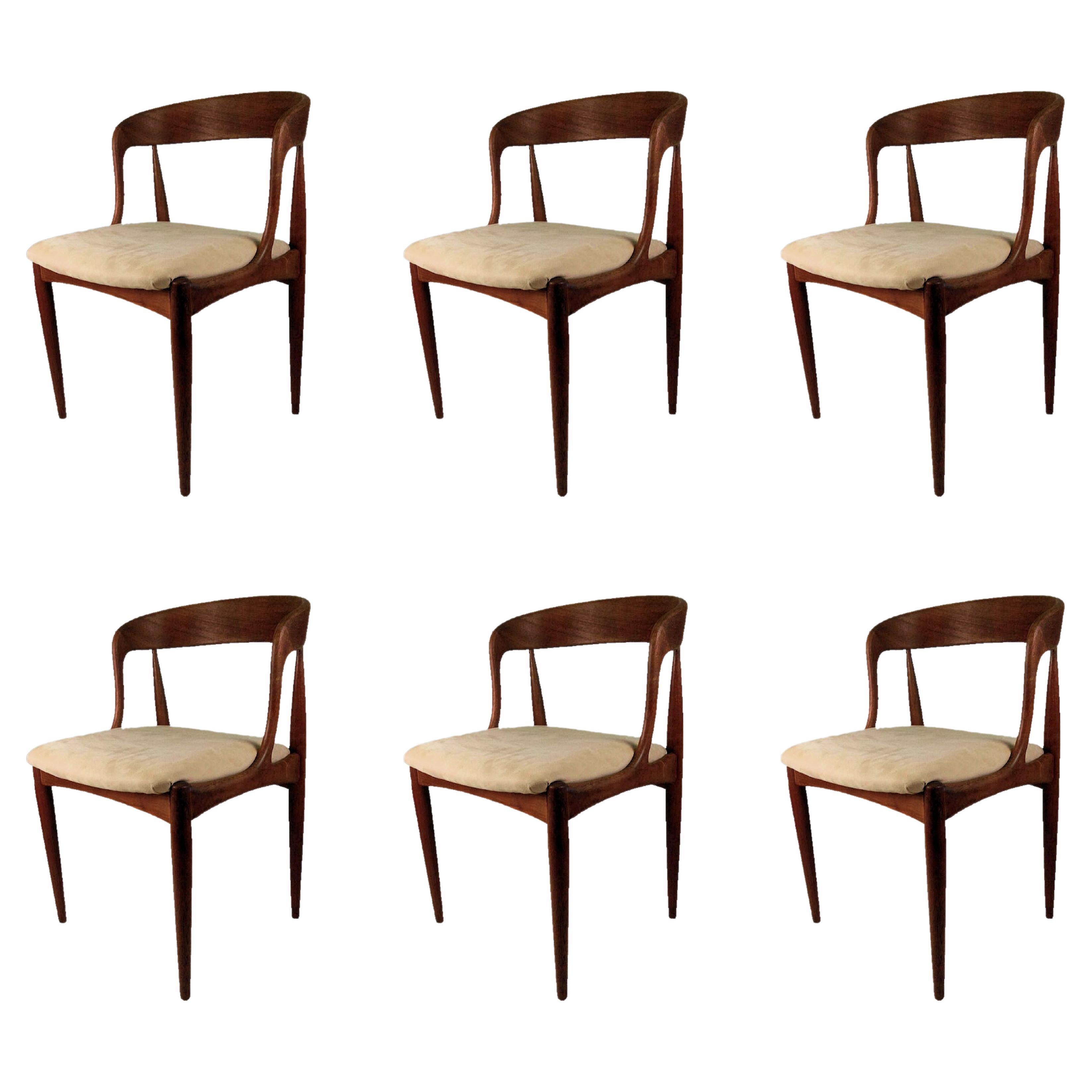 Set of Six Restored Johannes Andersen Dining Chairs in Teak Custom Upholstery