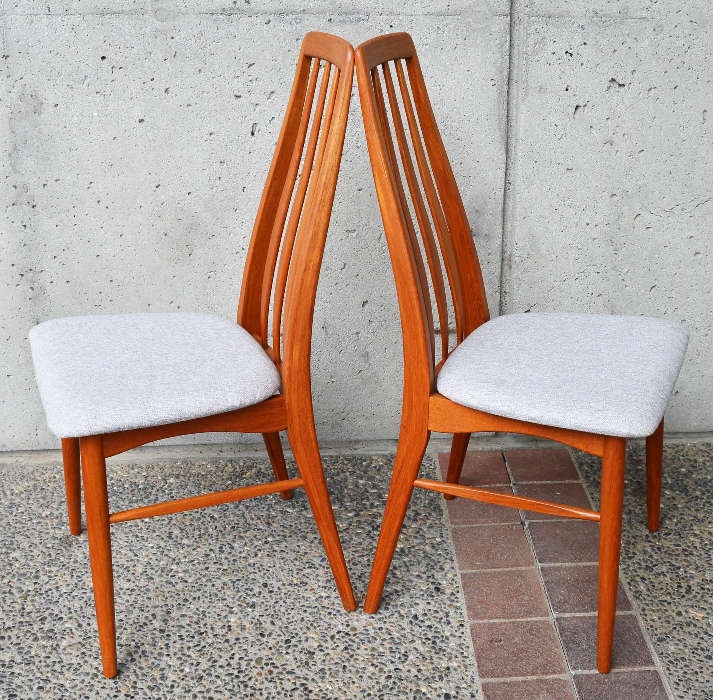 This gorgeous set of 6 Koefoeds Hornslet teak Eva chairs are known for their comfort, due to the ergonomic contoured lumbar support. Designed in the 1960s by Niels Koefoed. Their backs taper towards the top and the three back slats diamond at their