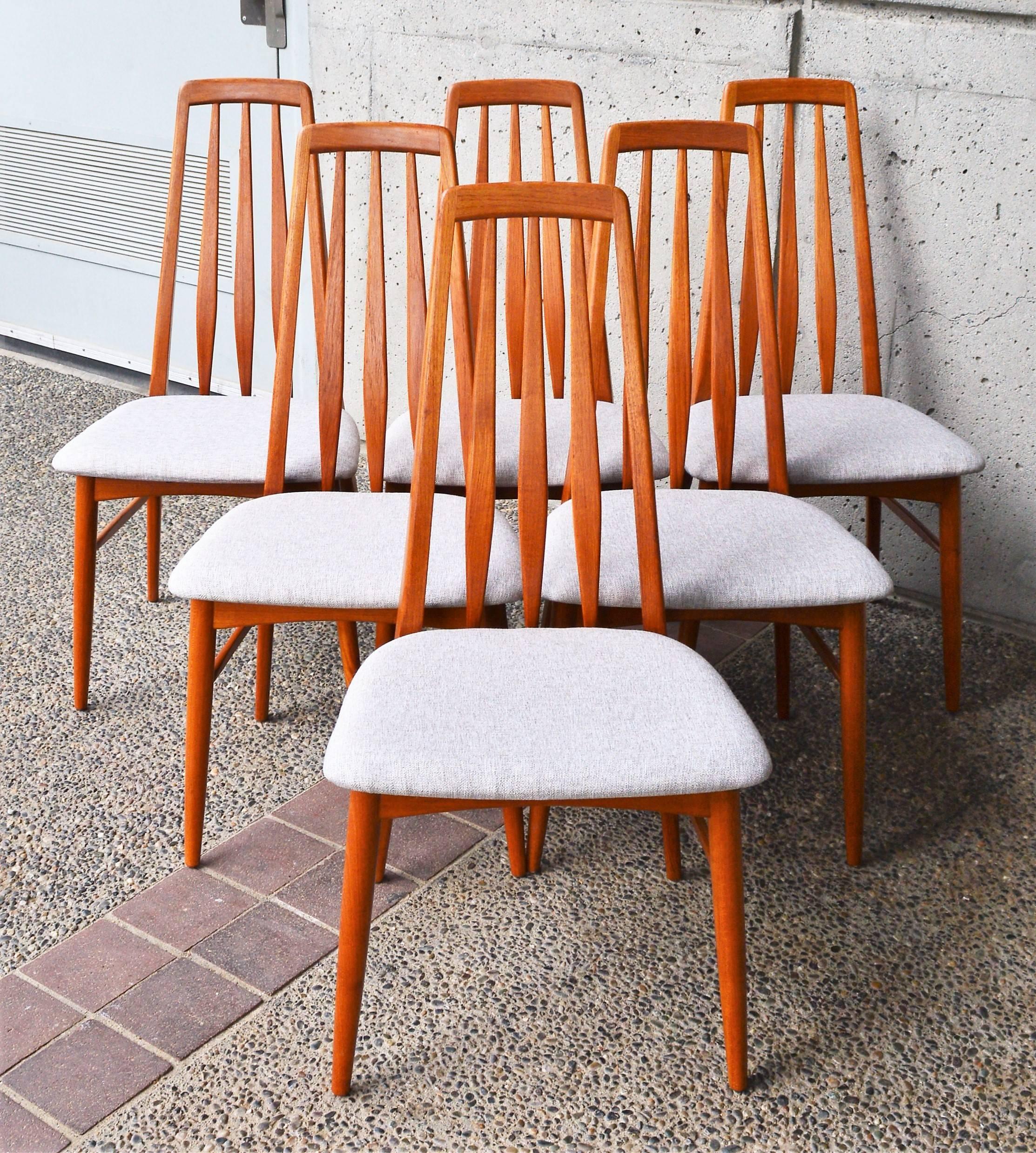 Mid-Century Modern Set of Six Restored Koefoeds Hornslet Teak Eva Chairs in Cream Upholstery