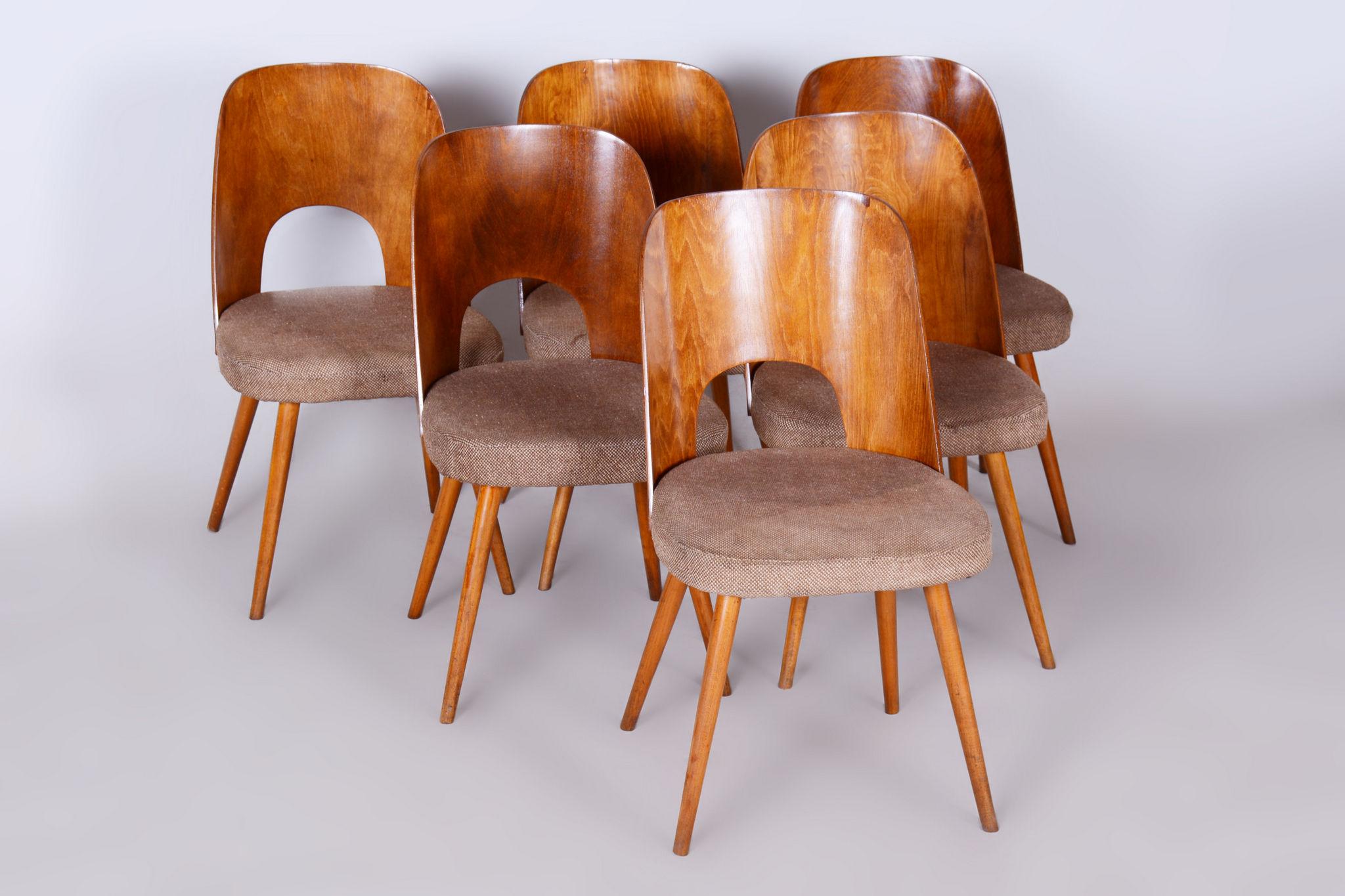 Mid-20th Century Set of Six Restored Mid-Century Modern Chairs, Beech, Czechia, 1950-1959