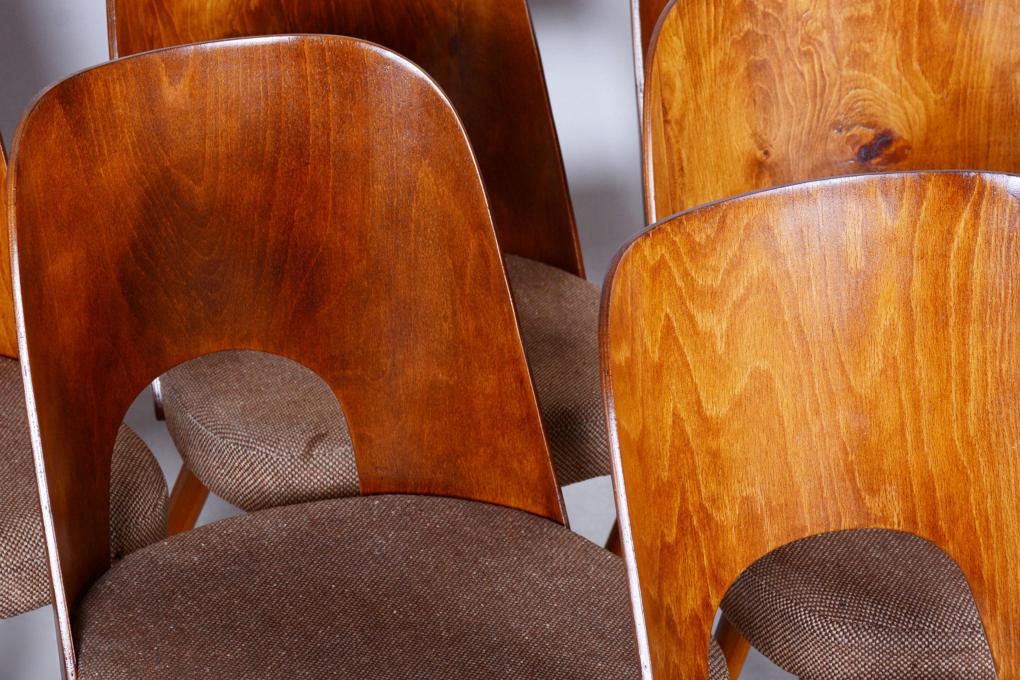 Upholstery Set of Six Restored Mid-Century Modern Chairs, Beech, Czechia, 1950-1959