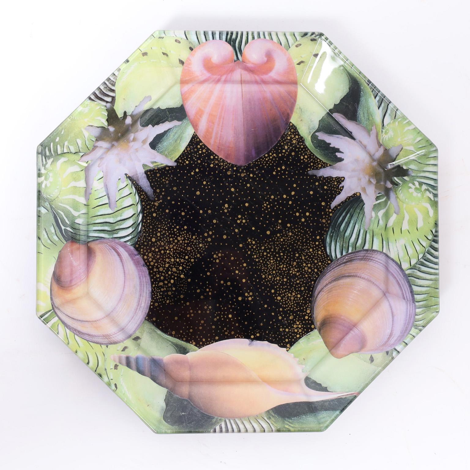Mid-Century Modern Set of Six Reverse Decoupage Seashell Glass Plates by Pablo Manzoni For Sale
