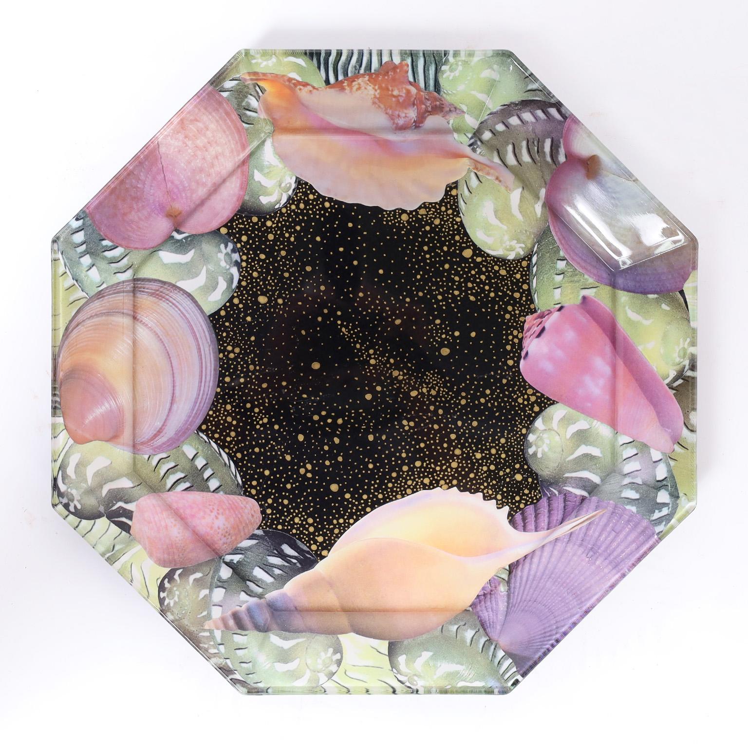 American Set of Six Reverse Decoupage Seashell Glass Plates by Pablo Manzoni For Sale
