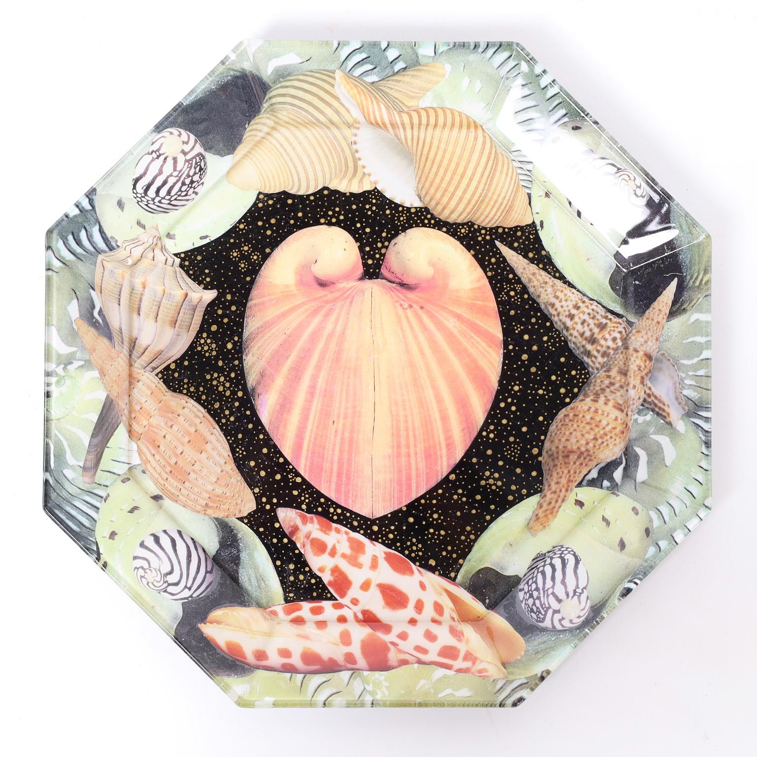 Painted Set of Six Reverse Decoupage Seashell Glass Plates by Pablo Manzoni For Sale