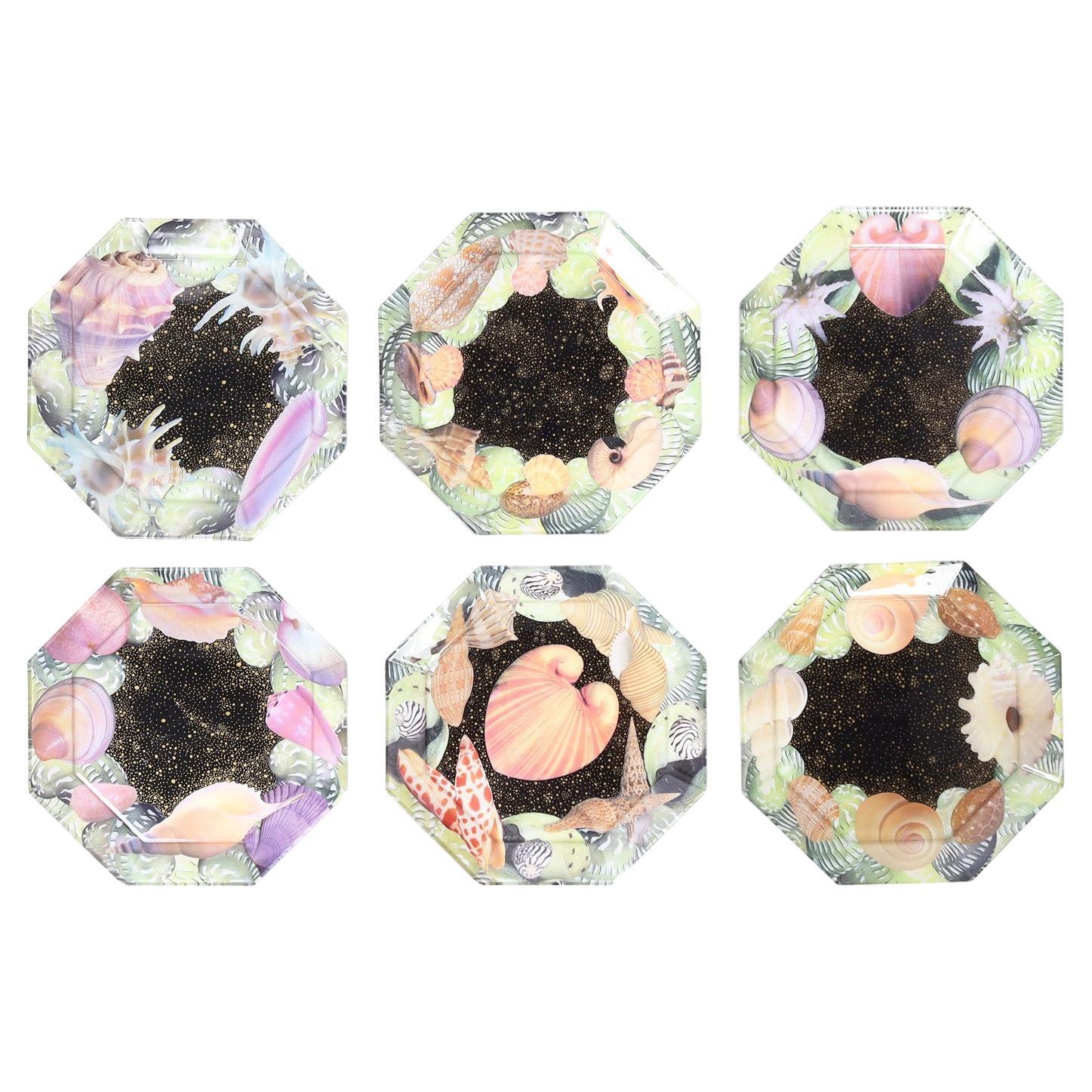 Set of Six Reverse Decoupage Seashell Glass Plates by Pablo Manzoni For Sale