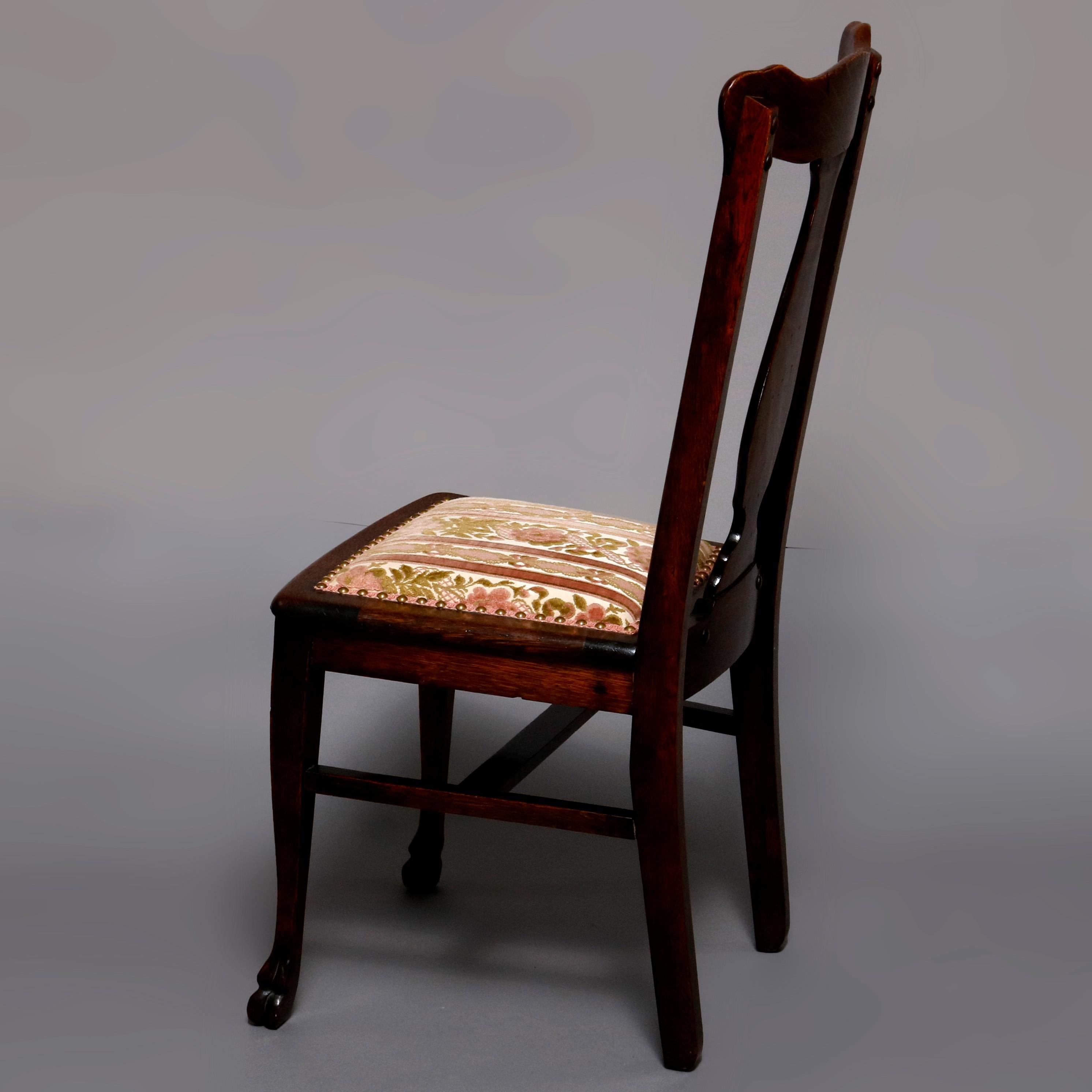 Set of Six RJ Horner Carved Oak T-Back Upholstered Dining Chairs circa 1900 In Good Condition In Big Flats, NY