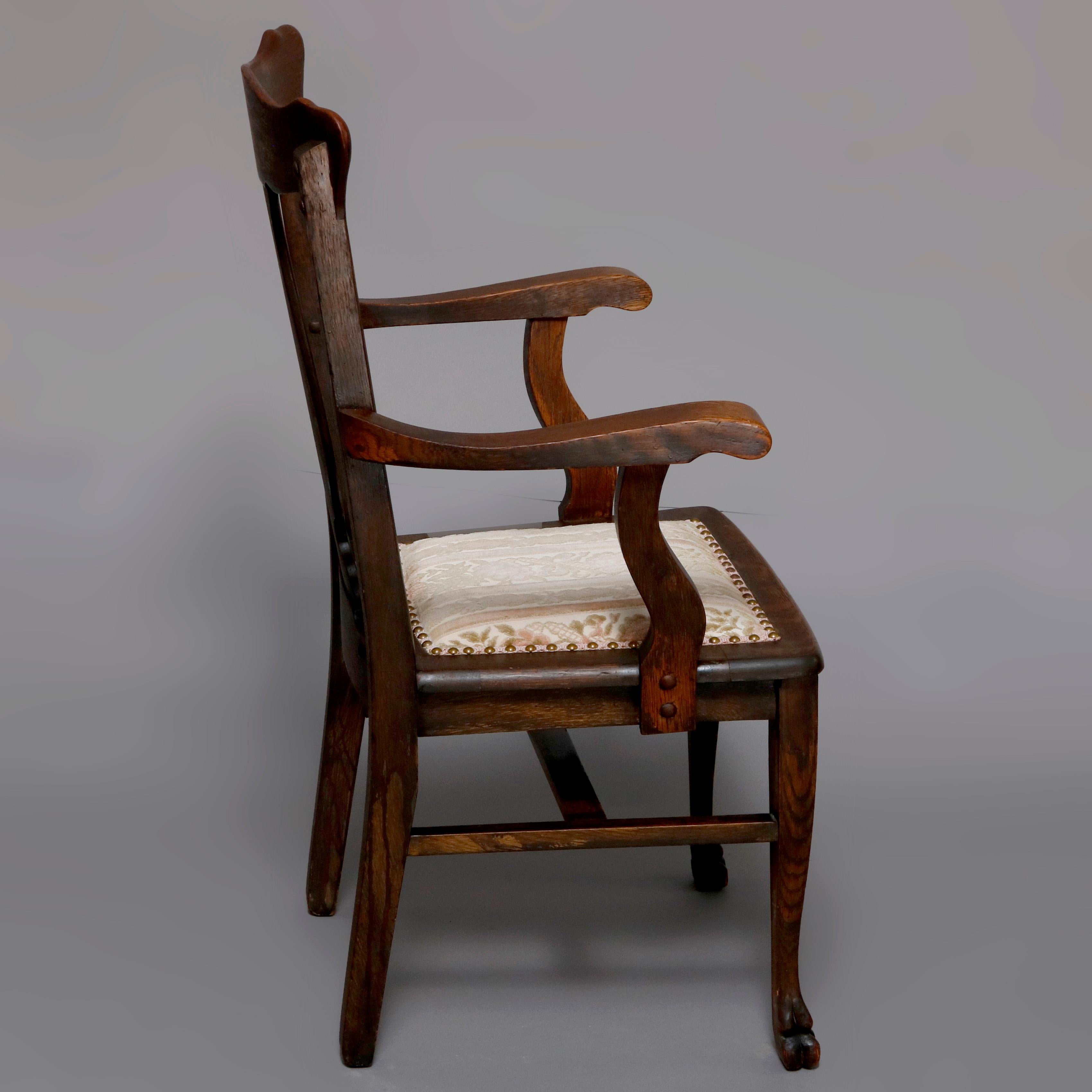 Upholstery Set of Six RJ Horner Carved Oak T-Back Upholstered Dining Chairs circa 1900