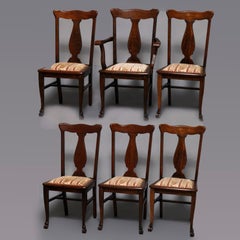 Set of Six RJ Horner Carved Oak T-Back Upholstered Dining Chairs circa 1900
