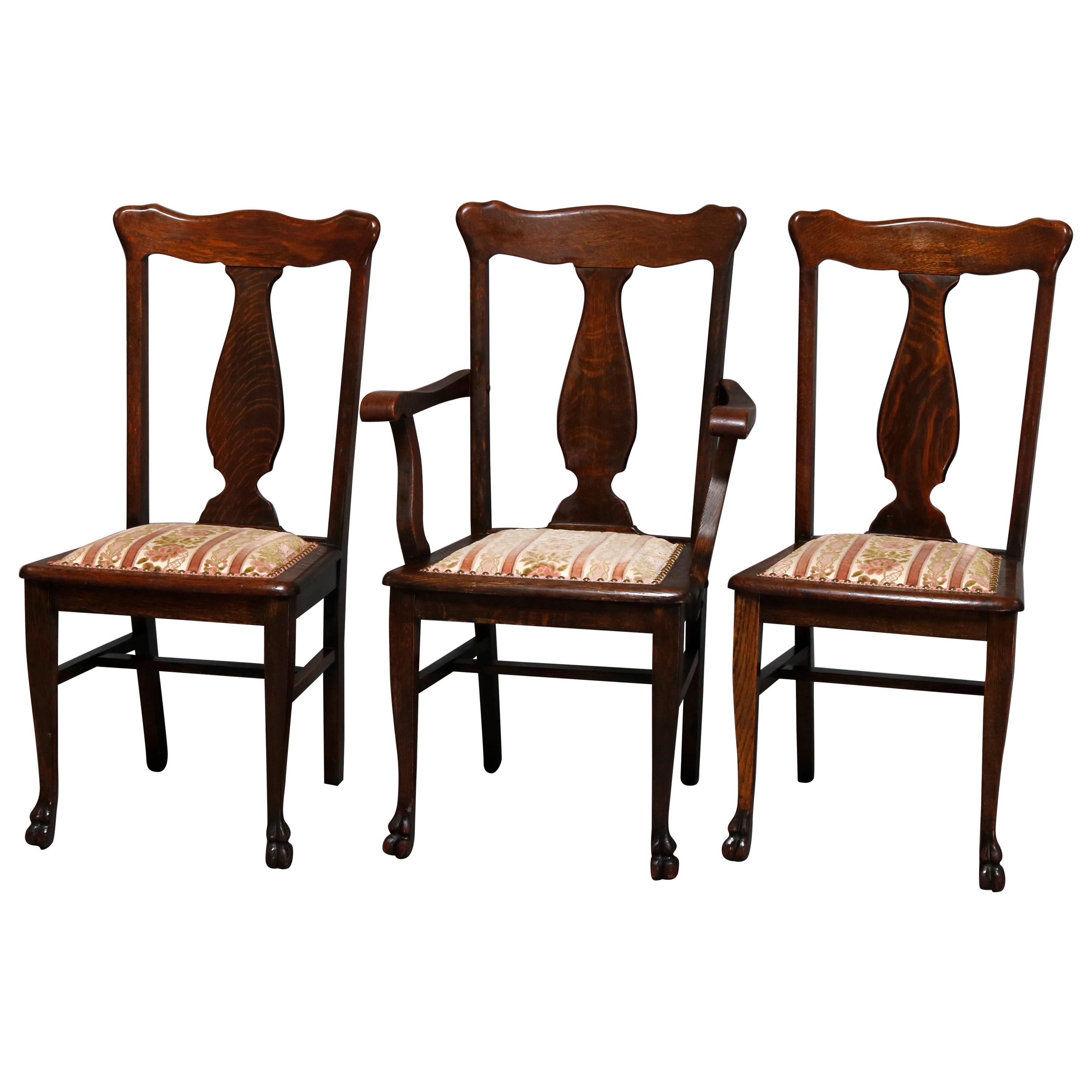 Set of Six RJ Horner Carved Oak T-Back Upholstered Dining Chairs circa 1900