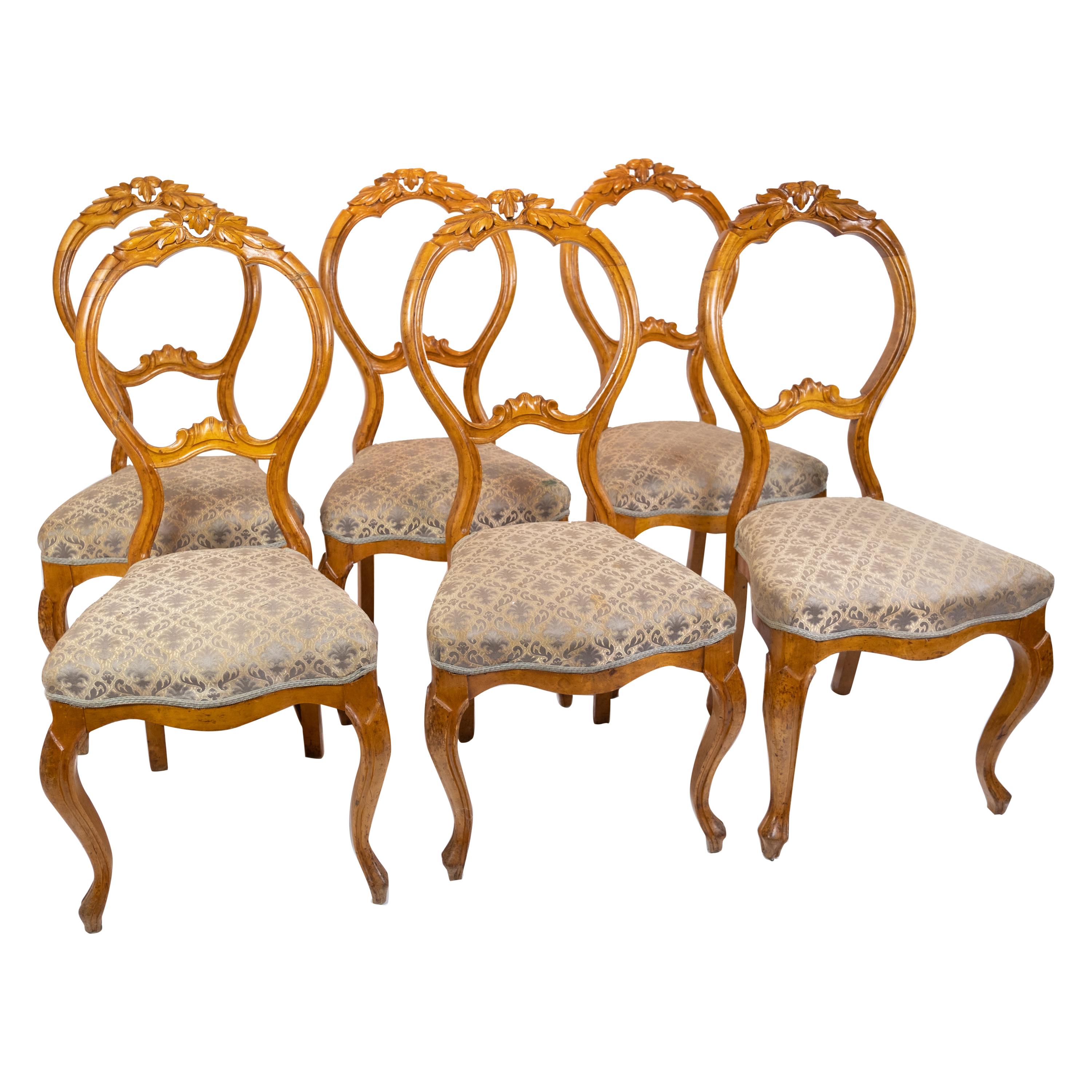 Set Of Six Rococo Dining Room Chairs Made In Light Mahogany & Fabric From 1760s