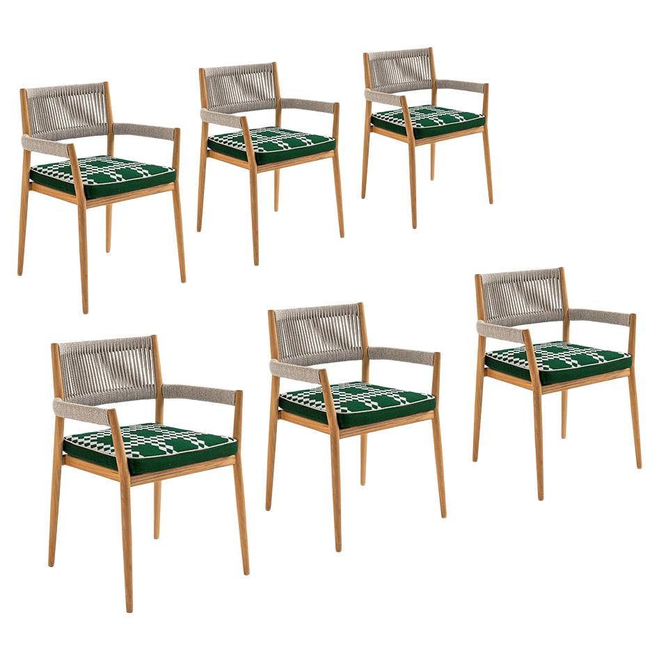 Set of Six Rodolfo Dordoni ''Dine Out' Outside Chairs, Teak, Rope and Fabric