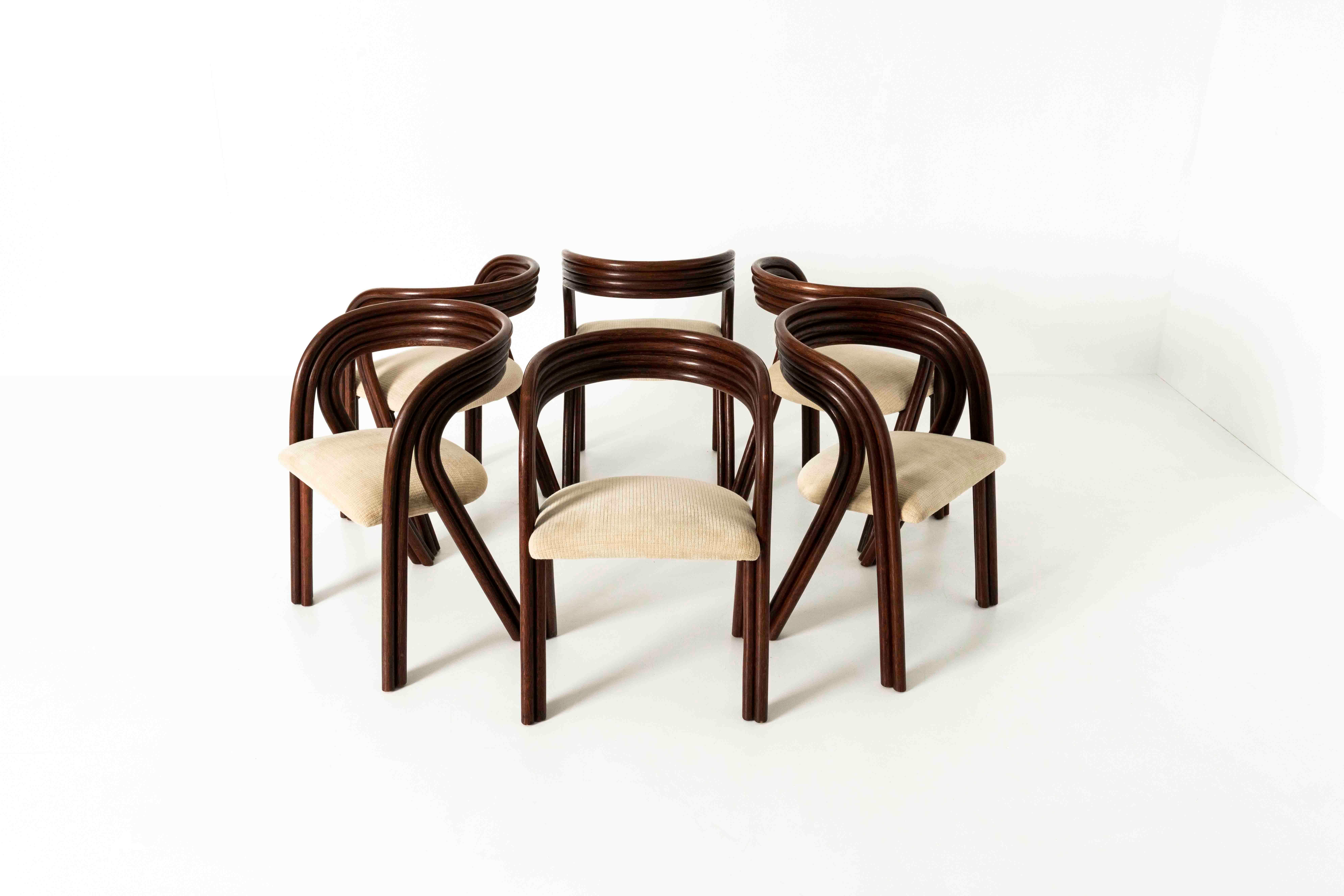 Bohème Ensemble de six chaises de salle à manger Rohe d'Axel Enthoven en canne et tissu, années 1980