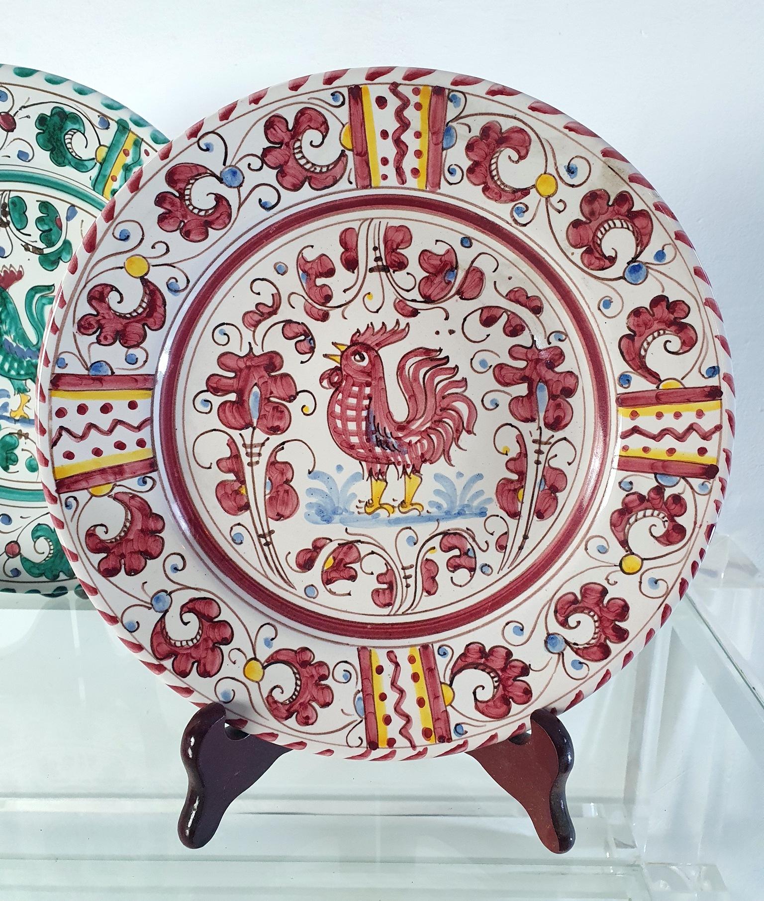 Italian Set of six Rooster Dinner Plates by Deruta Italy For Sale
