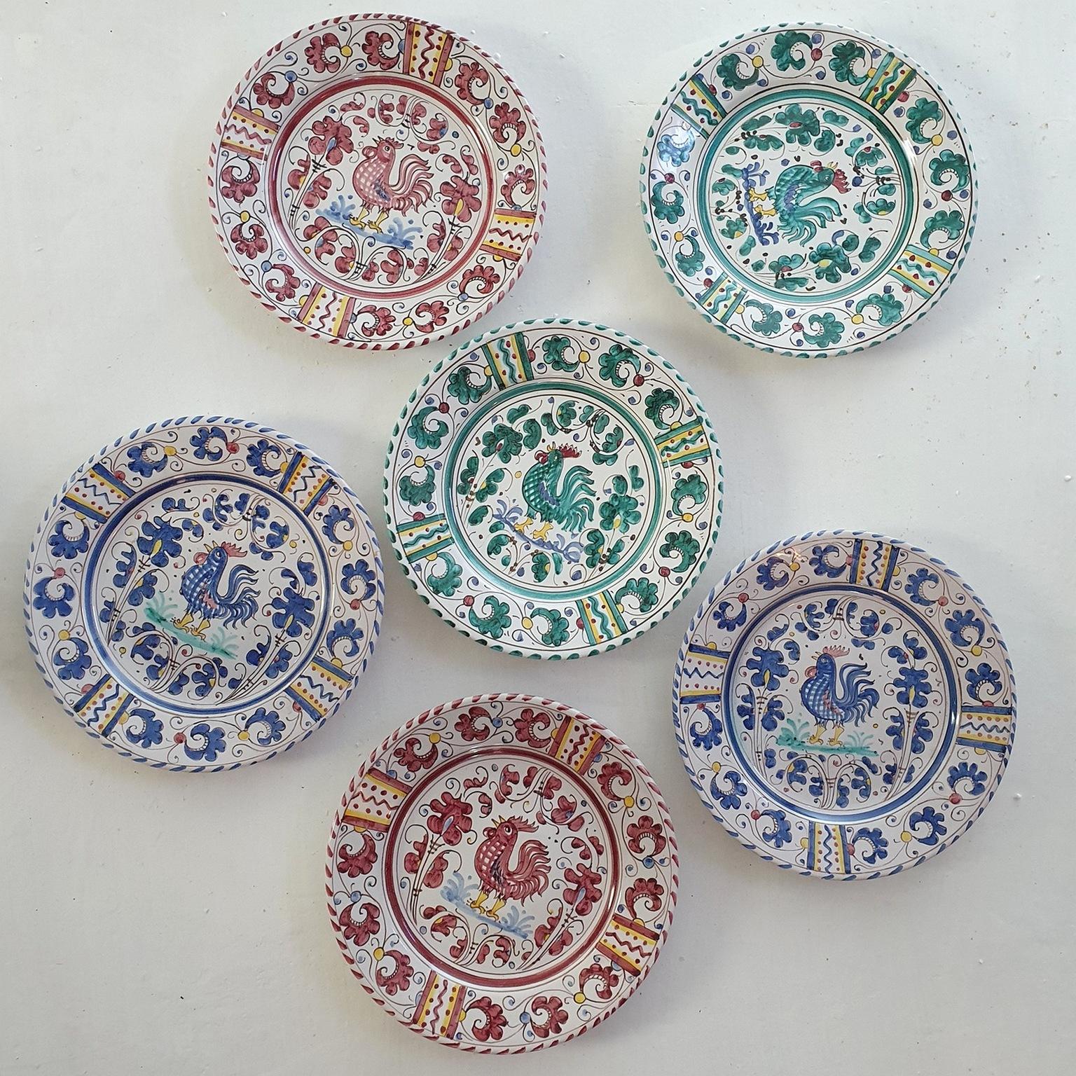 20th Century Set of six Rooster Dinner Plates by Deruta Italy