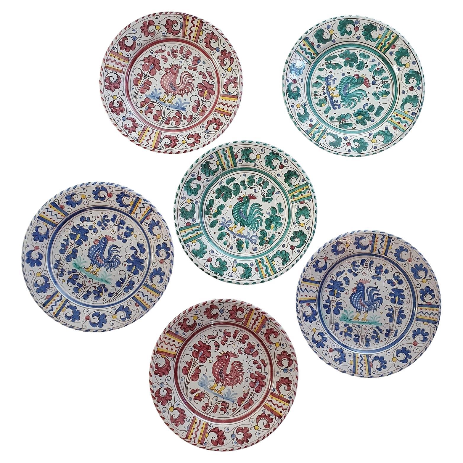 Set of six Rooster Dinner Plates by Deruta Italy For Sale