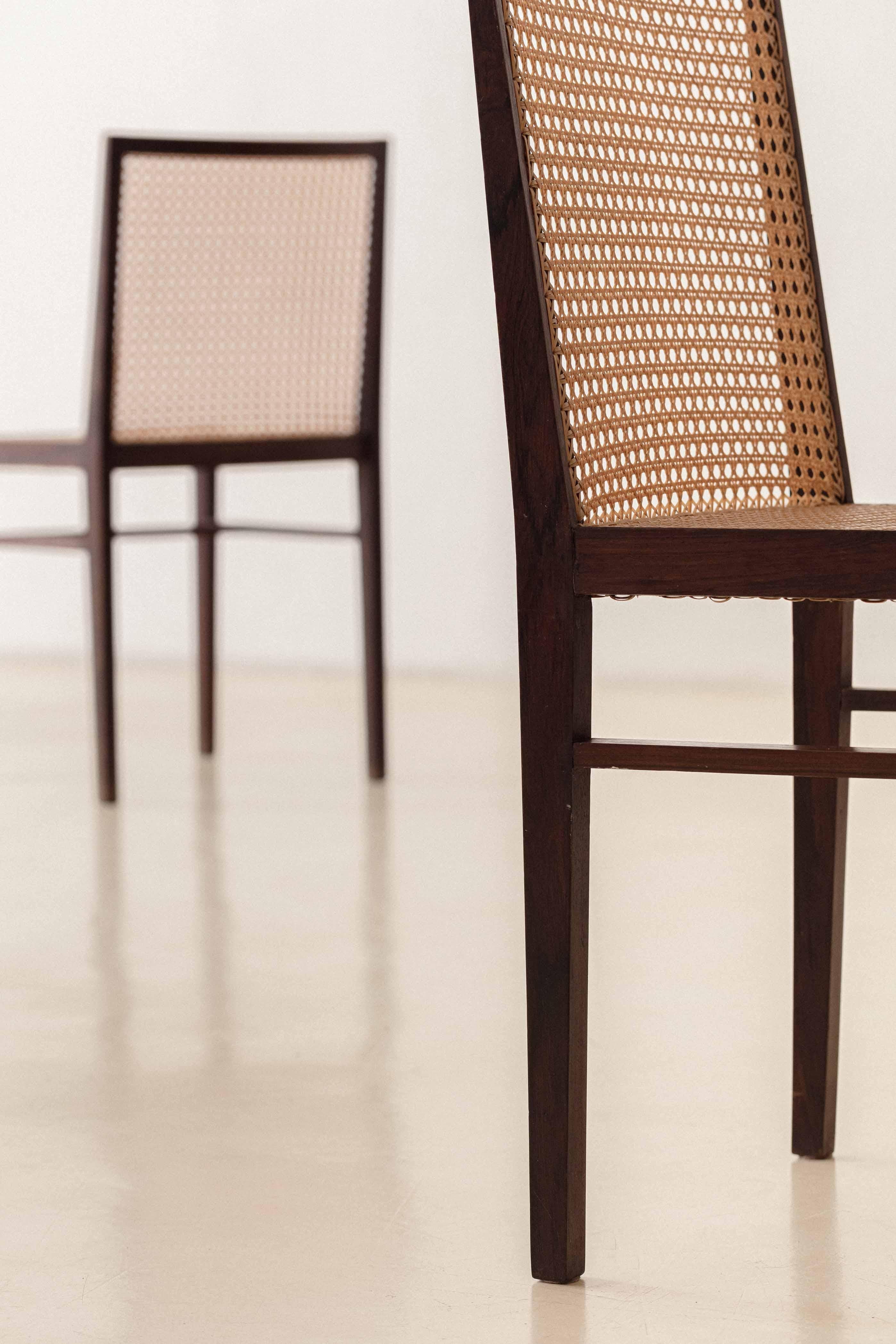 Set of Six Rosewood and Cane Dining Chairs, Brazilian Midcentury Design, 1960s For Sale 4