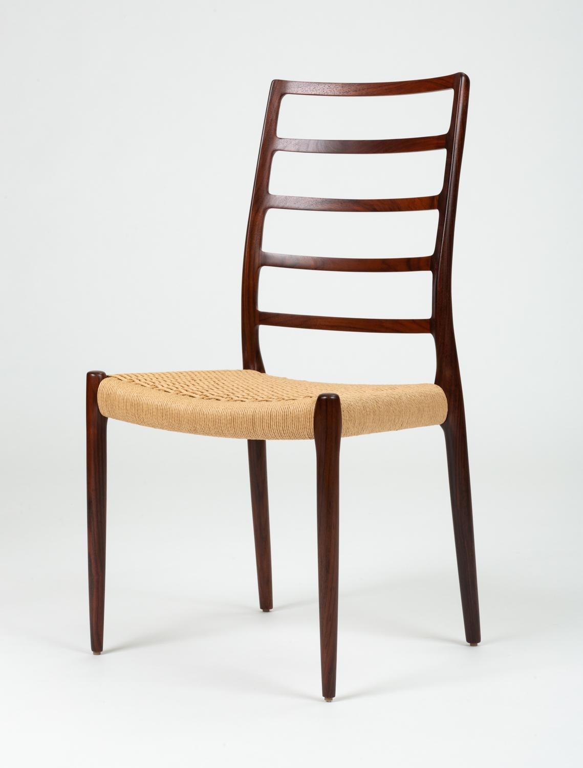Set of Six Rosewood and Danish Cord Møller Ladderback Model 82 Dining Chairs In Excellent Condition In Los Angeles, CA