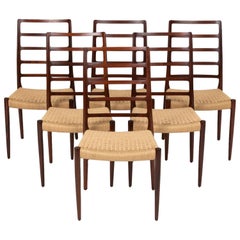 Retro Set of Six Rosewood and Danish Cord Møller Ladderback Model 82 Dining Chairs