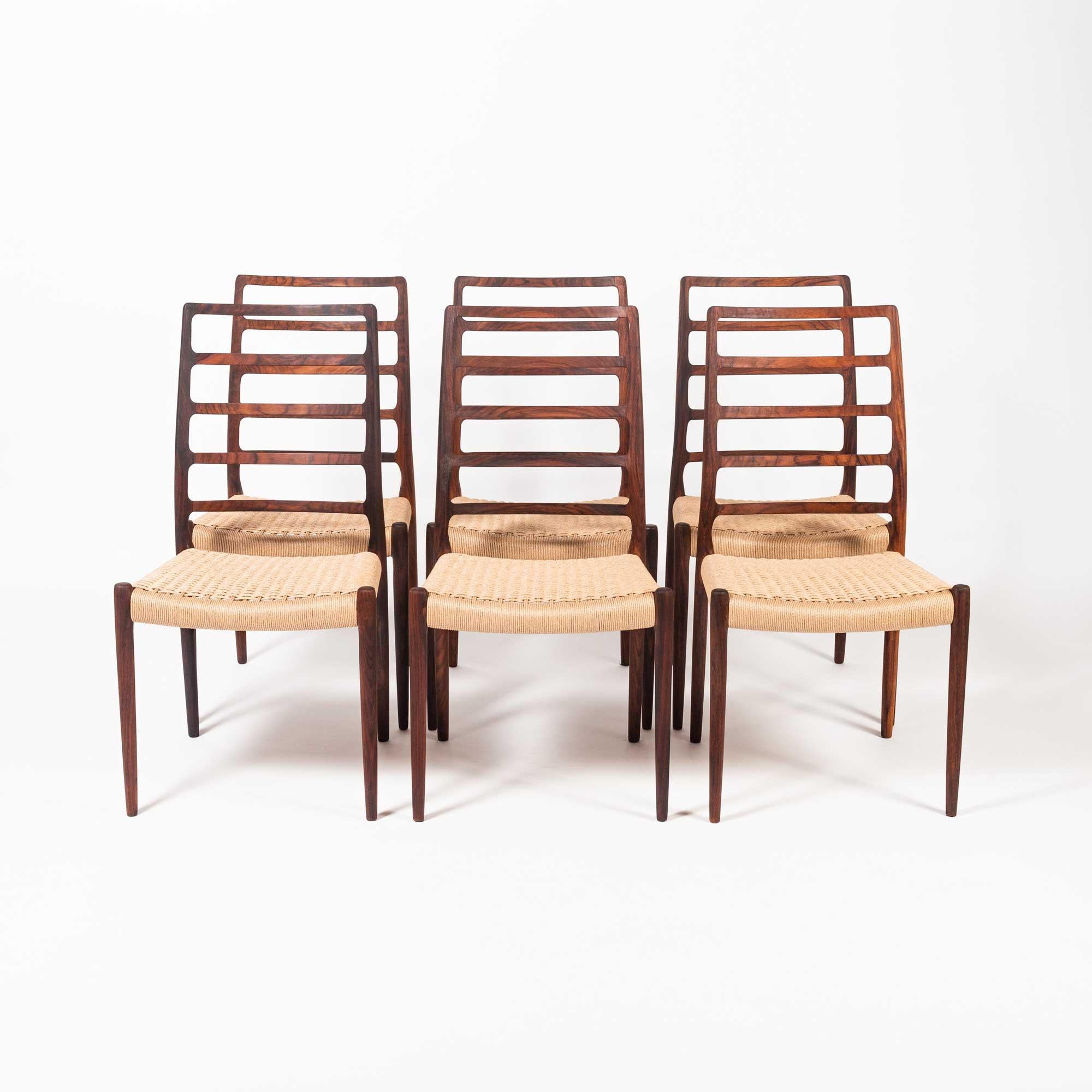 Mid-Century Modern Set of Six Rosewood Moller 82 with New Papercord