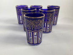 Moroccan Royal Blue Shot Glasses with Gold Moorish Design Set of 6 Barware