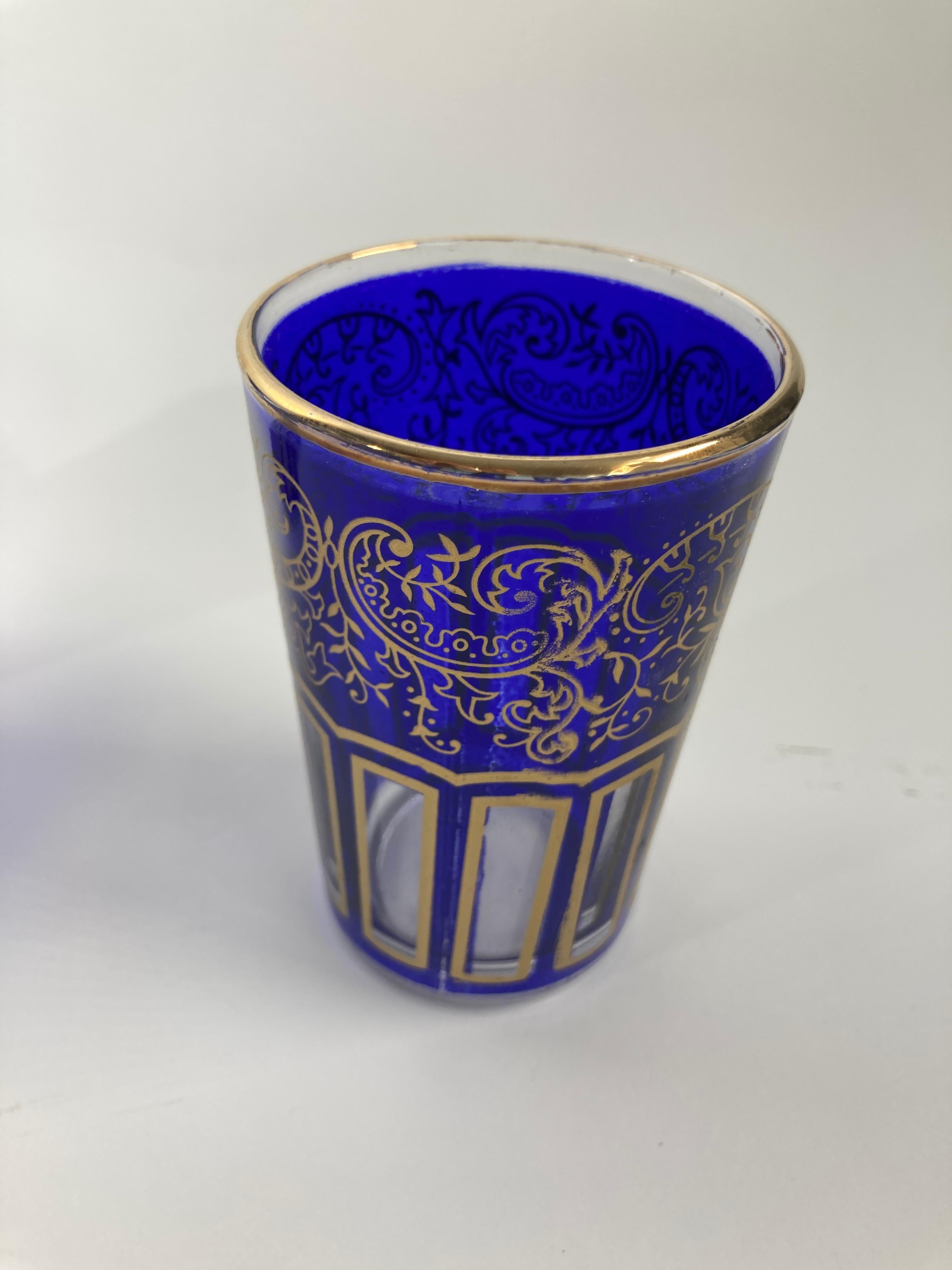 French Moroccan Royal Blue Shot Glasses with Gold Moorish Design Set of 6 Barware For Sale