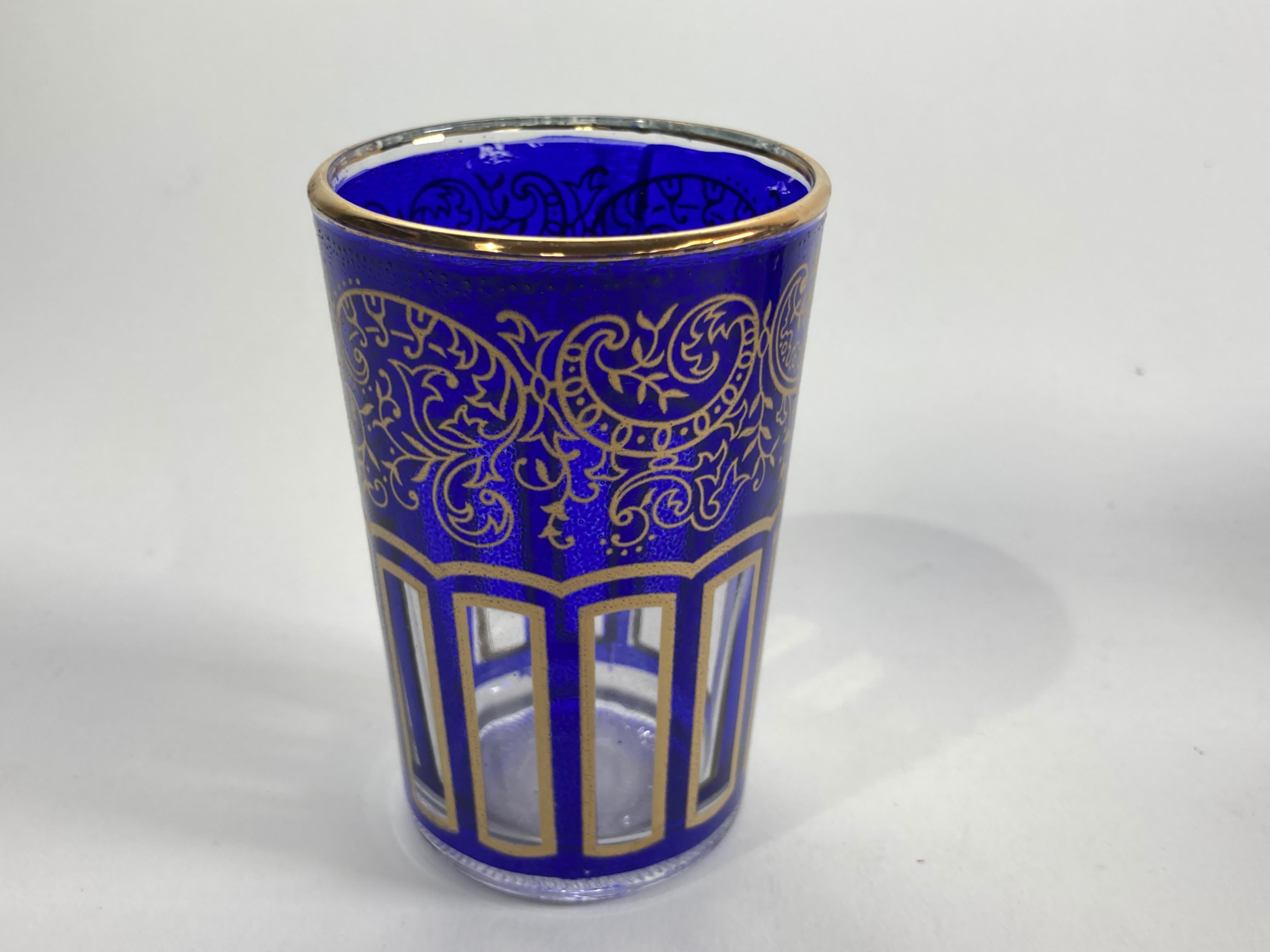 20th Century Moroccan Royal Blue Shot Glasses with Gold Moorish Design Set of 6 Barware For Sale