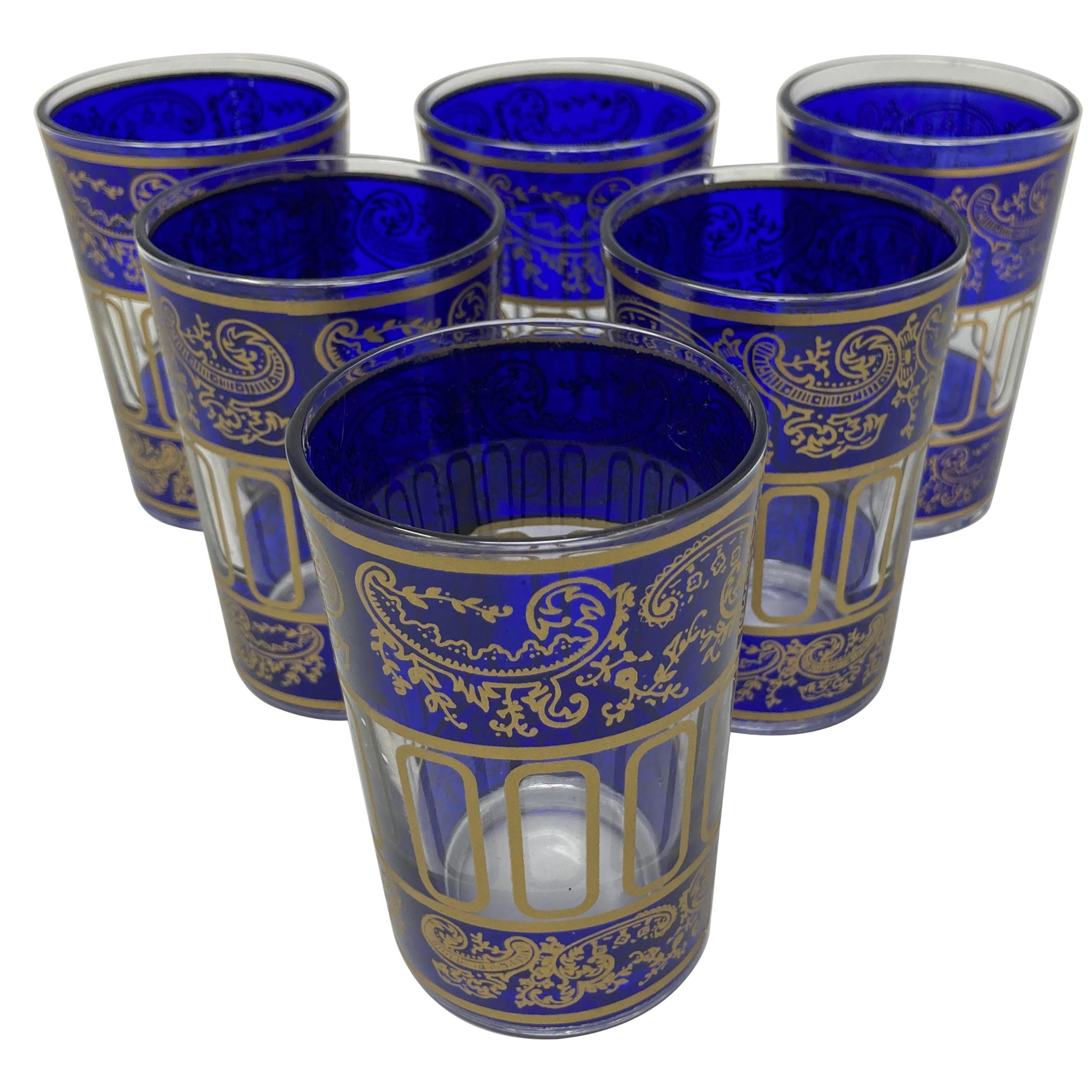Set of Six Royal Blue Shot Glasses with Gold Raised Moorish Design