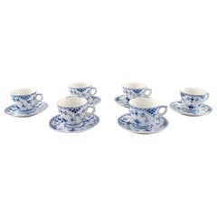 Set of Six Royal Copenhagen Blue Fluted Half Lace Coffee Cups and Saucers
