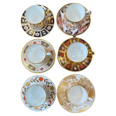 Vintage Set of Six Royal Crown Derby Imari and Gilded Porcelain Demitasse Cups & Saucers