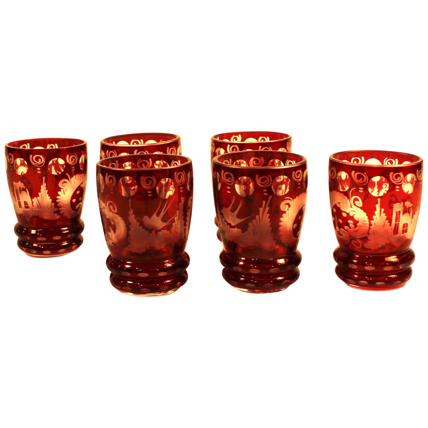 Set of Six Ruby Glass Cups For Sale