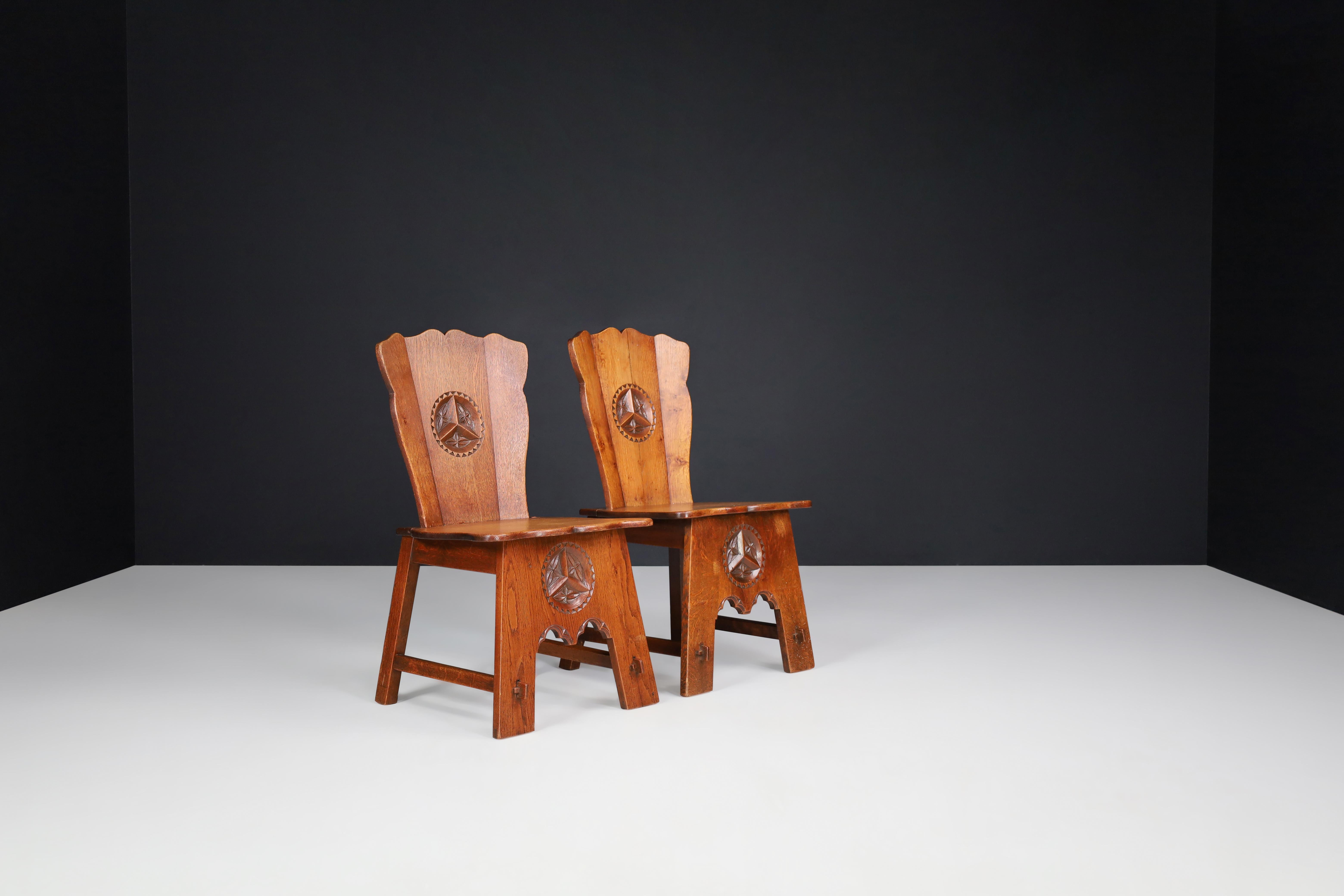 20th Century Set of Six Rural Oak Dining Chairs, Spain, 1950s For Sale