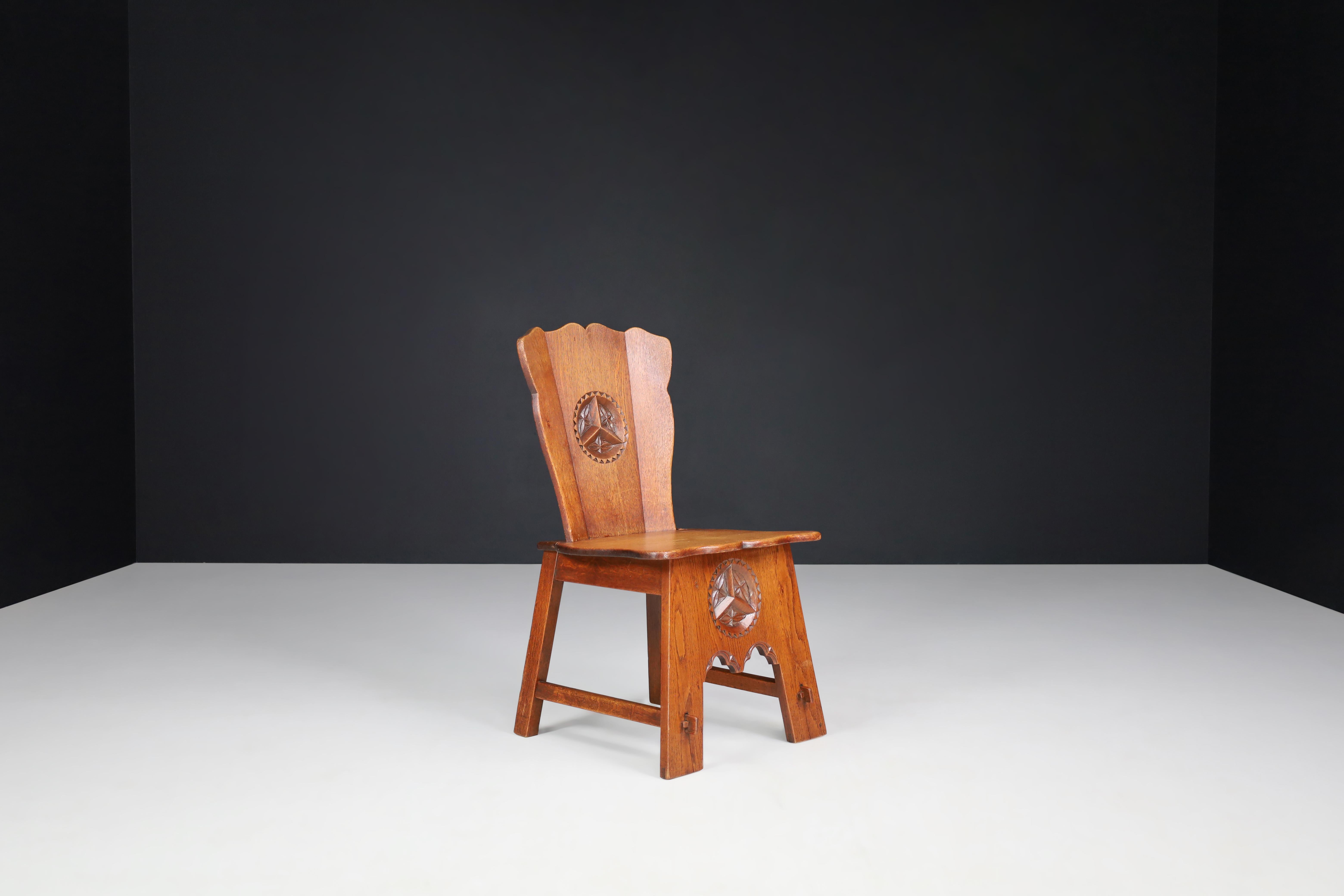 Set of Six Rural Oak Dining Chairs, Spain, 1950s For Sale 1