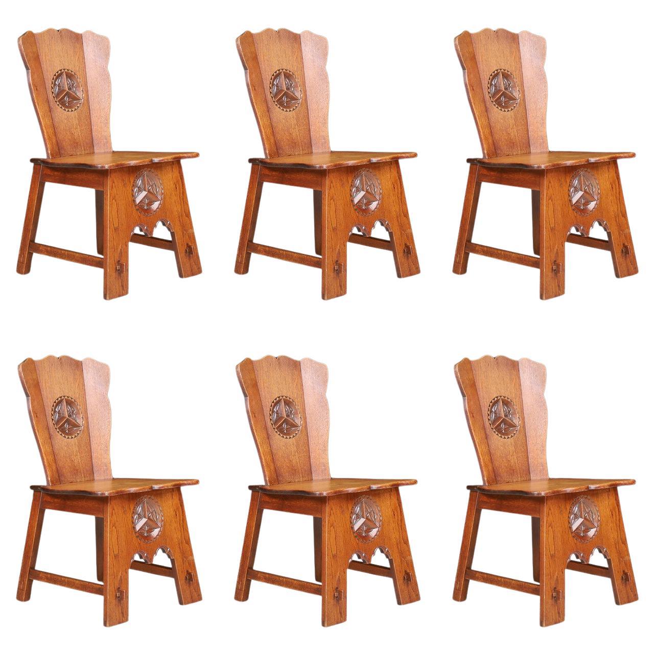 Set of Six Rural Oak Dining Chairs, Spain, 1950s