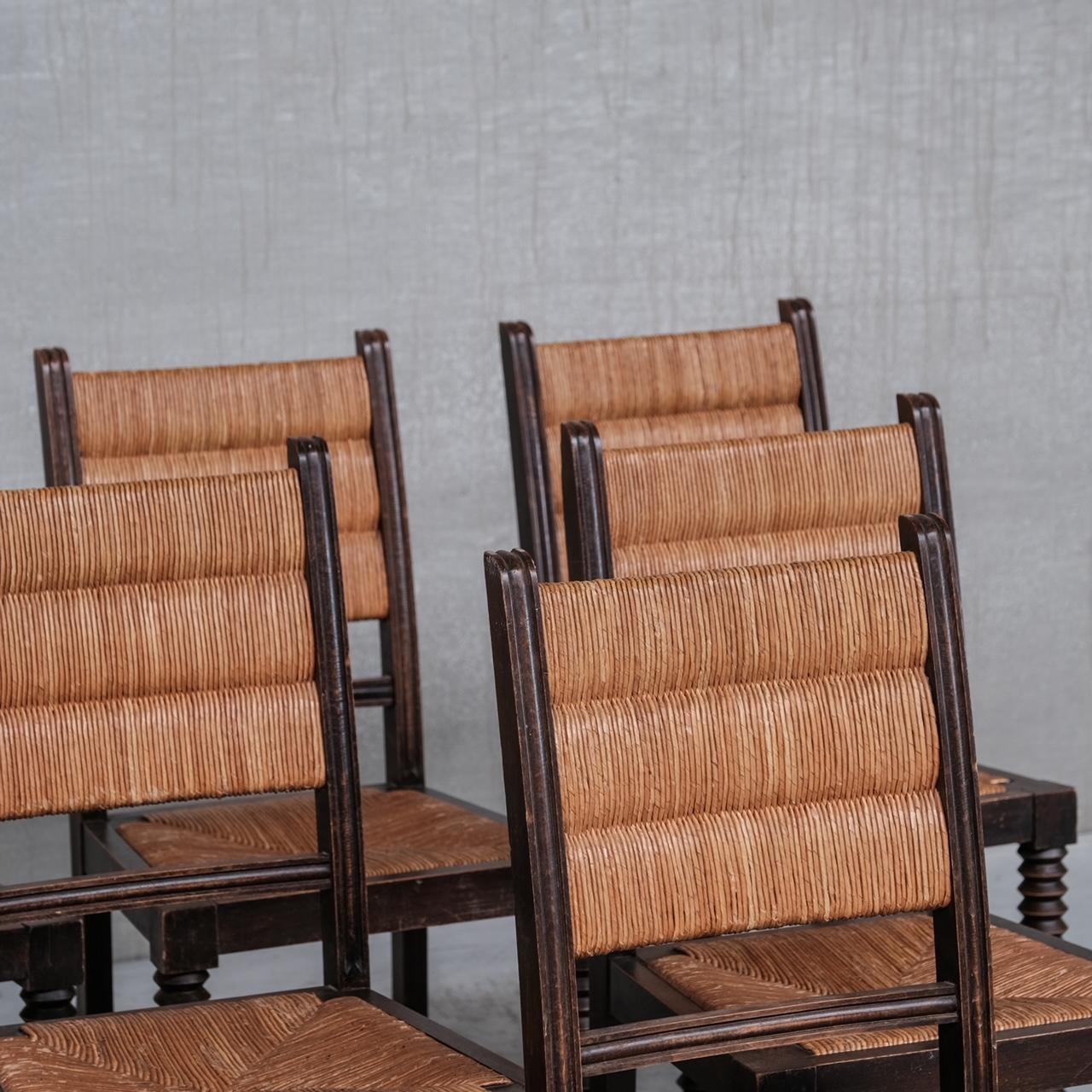 Mid-Century Modern Set of Six Rush Mid-Century Dining Chairs in Manner of Dudouyt