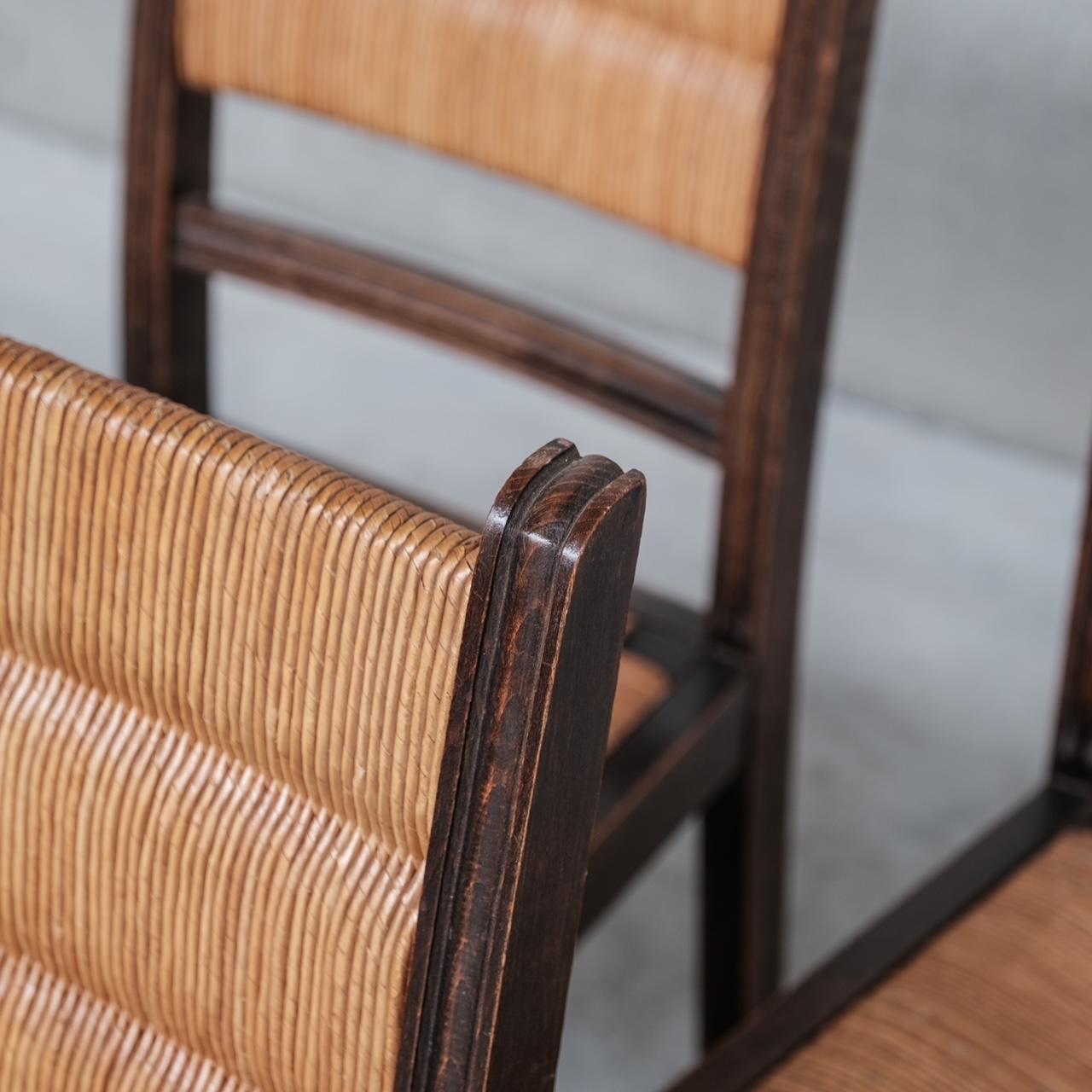 Set of Six Rush Mid-Century Dining Chairs in Manner of Dudouyt In Good Condition In London, GB