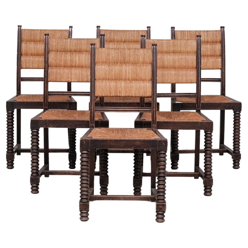 Set of Six Rush Mid-Century Dining Chairs in Manner of Dudouyt