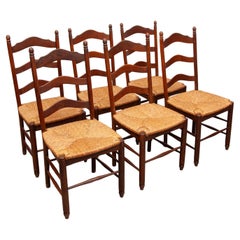 Set of Six Rush Seat, Ladder Back, Brutalist Dining Room Chairs, France 1950s