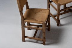 Set of Six Rush-Seated Chairs in Oak, France, 1940s