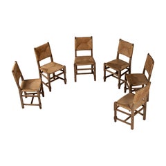 Set of Six Rush-Seated Chairs in Oak, France, 1940s