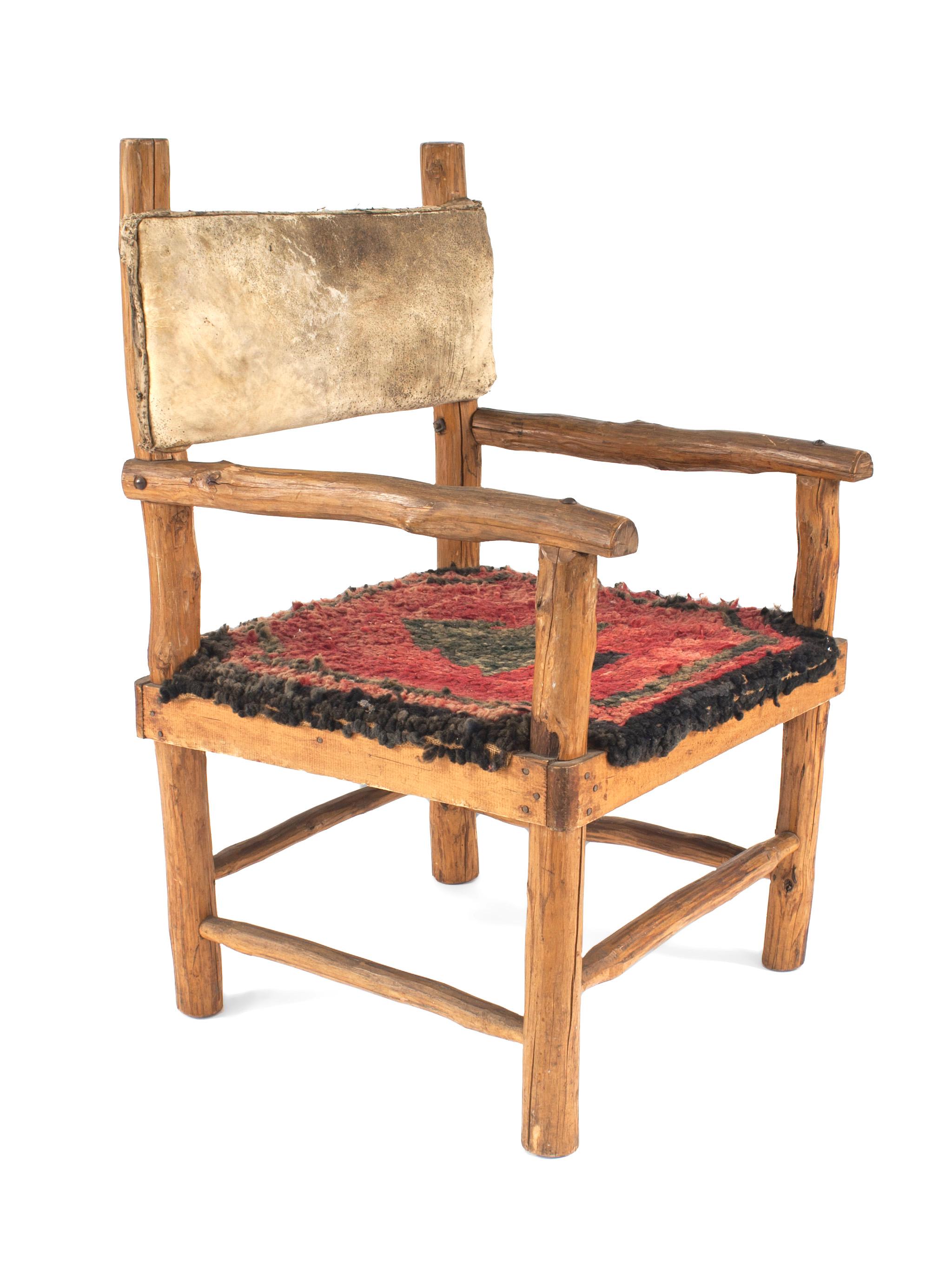 American Set of 6 Rustic Adirondack Hooked Rug Arm Chairs For Sale