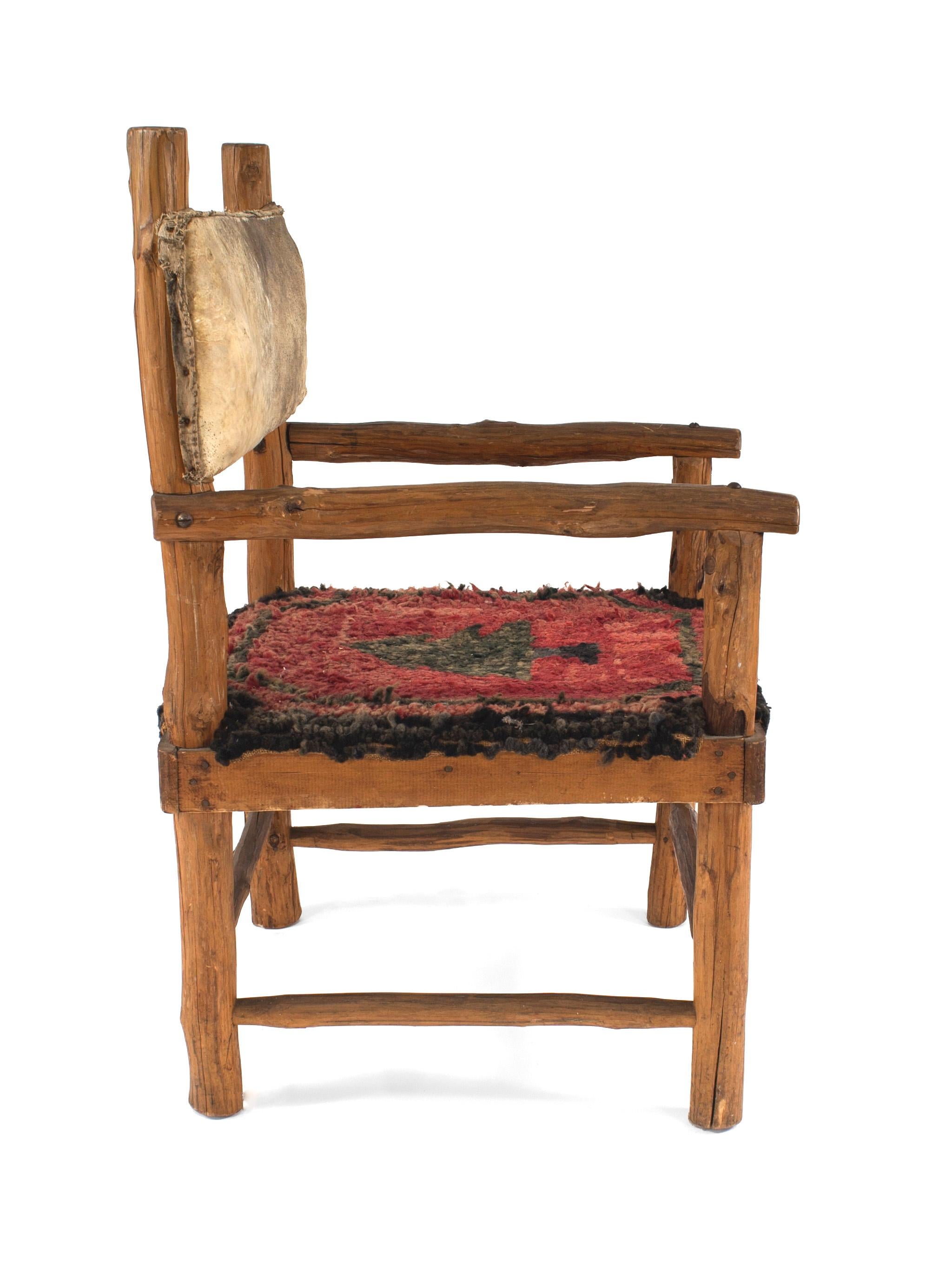 Set of 6 Rustic Adirondack Hooked Rug Arm Chairs In Good Condition For Sale In New York, NY