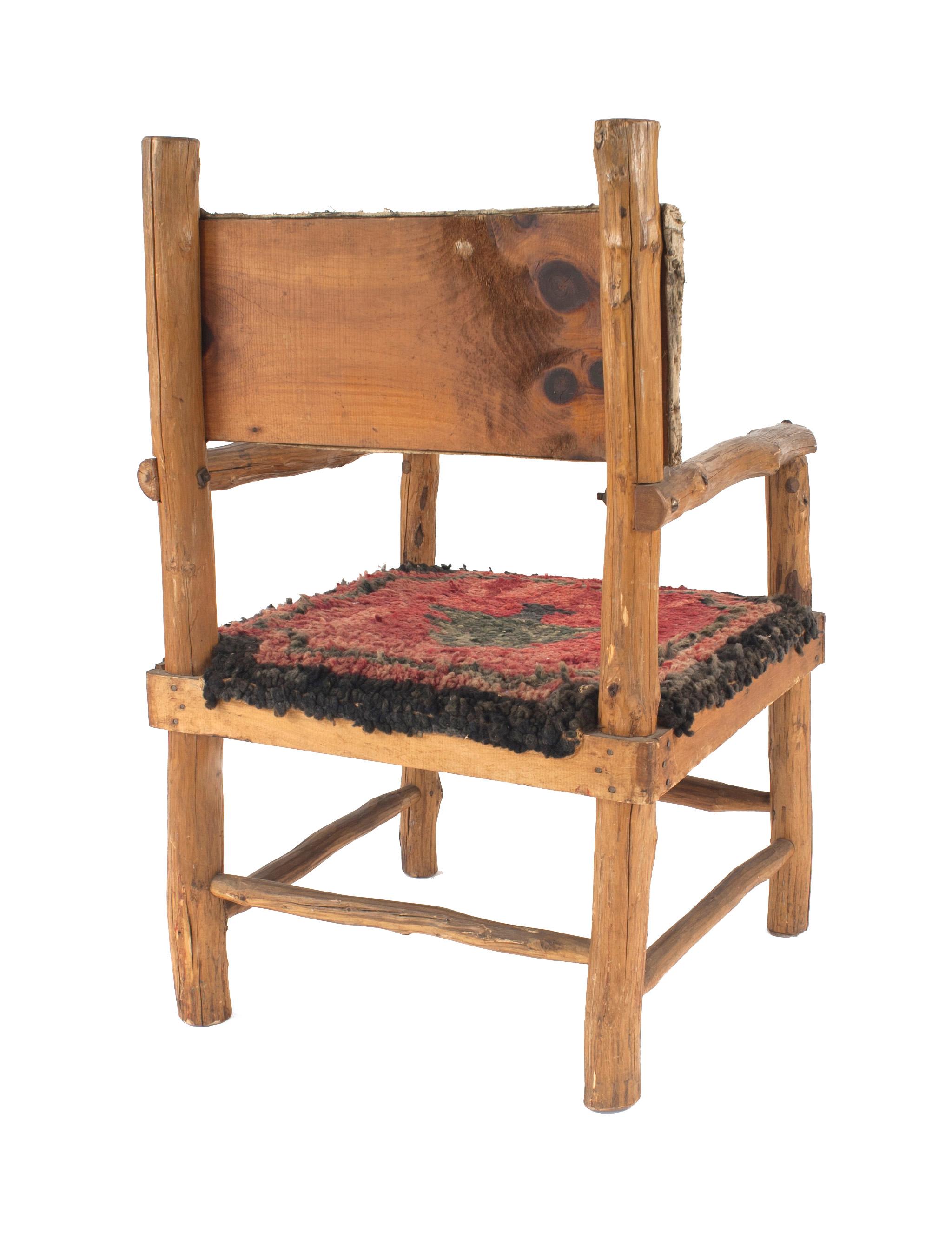 20th Century Set of 6 Rustic Adirondack Hooked Rug Arm Chairs For Sale