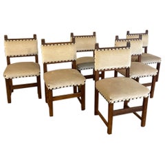 Set of Six Rustic Antique Dining Chairs with Mohair